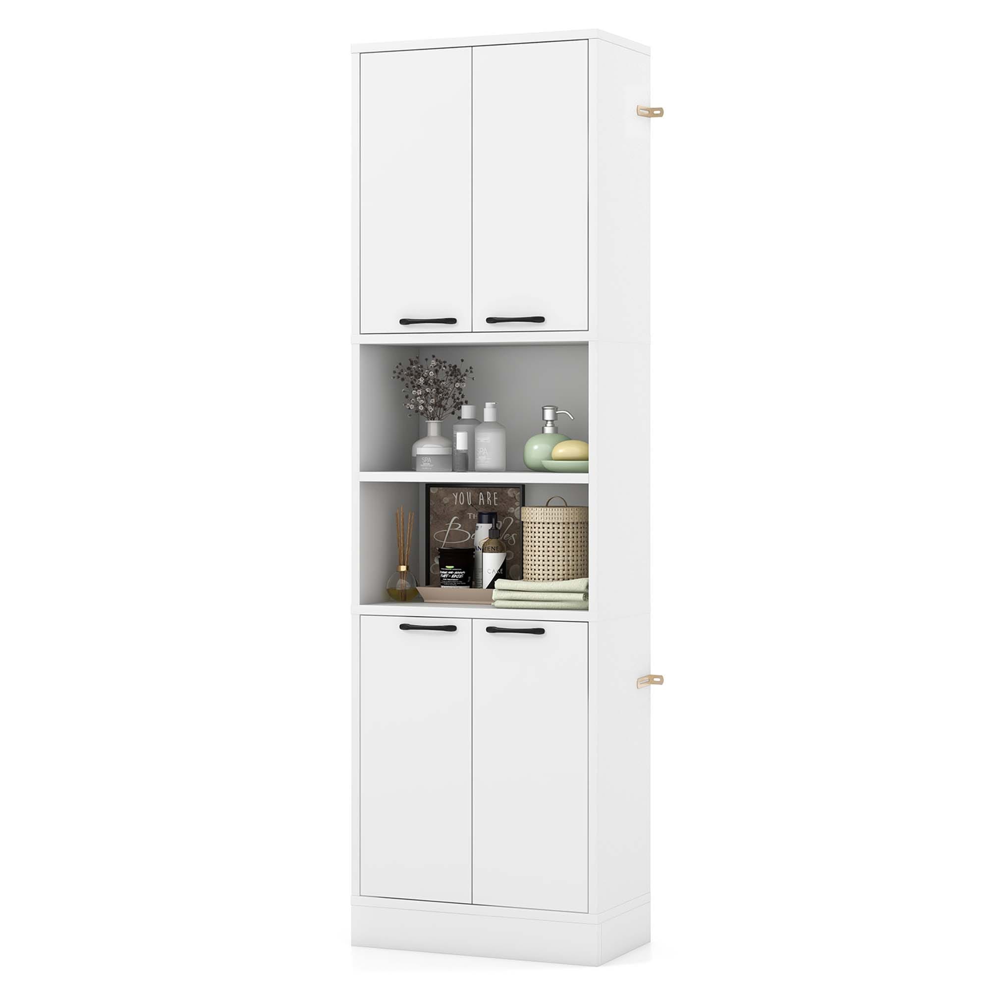 Costway - 75 inches Tall Bathroom Storage Cabinet with 4 Doors and 2 Open Compartments Freestand...