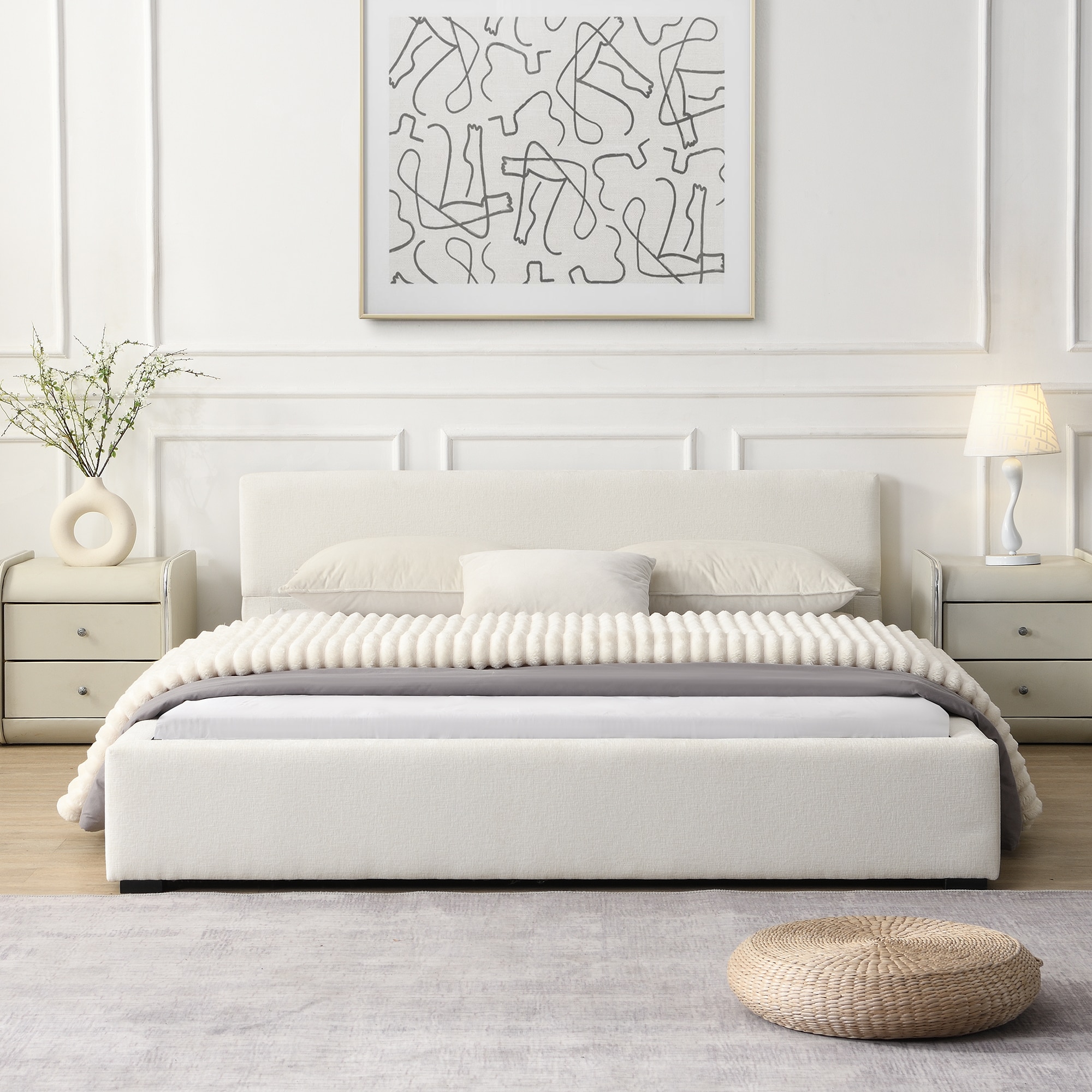 Christopher Knight Home 336665 Wide Edge Upholstered Platform Bed Queen-Beige