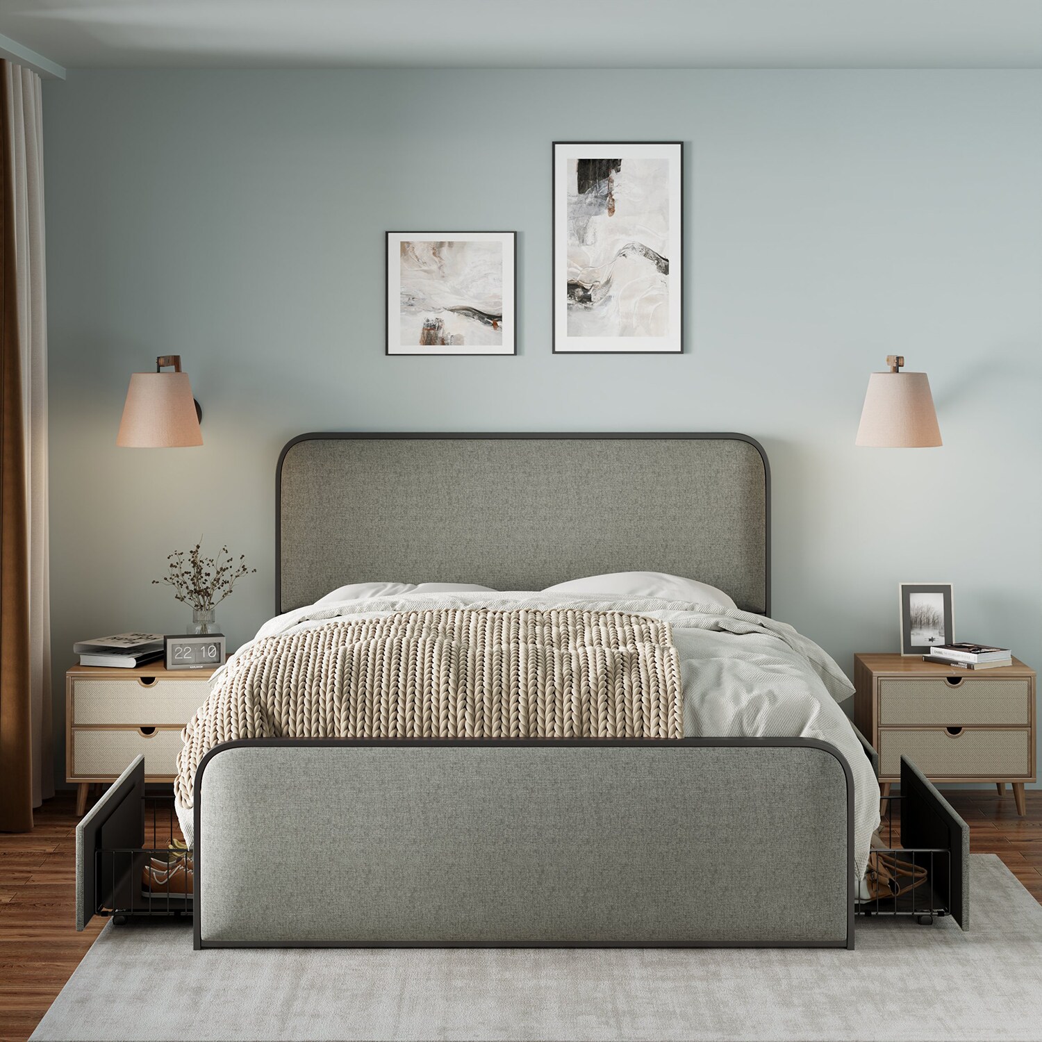 King Upholstered Platform Bed Frame with Four Drawers Gray Bedroom ...