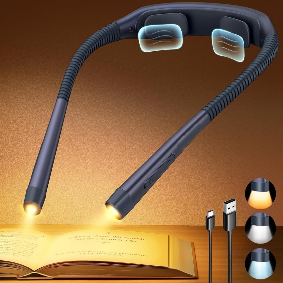 Pacrigo  2 Pack Neck Reading Light with Timer 100 Hours Rechargeable 1600mAh 3 Color 5 Brightness Bendable Ergonomic Eye Care for Bedtime Reading