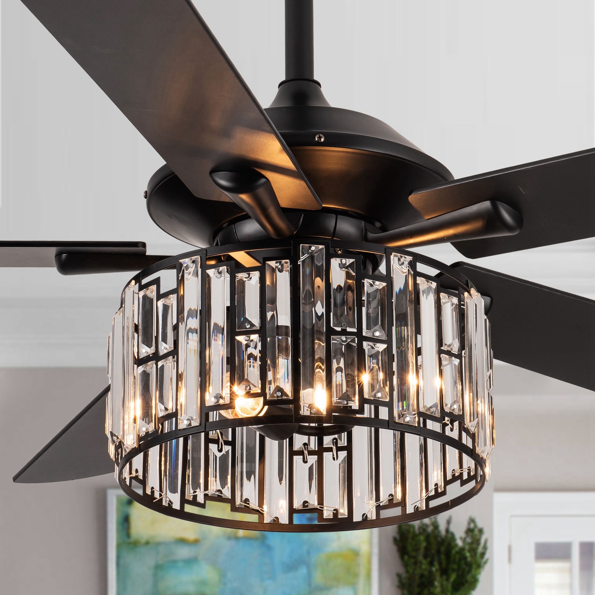 Parrot Uncle Crystal Glow 52-in Matte Black with Matte Black/Dark Brown Blades Chandelier Ceiling Fan With Light and Remote Control Included 5 -Blade