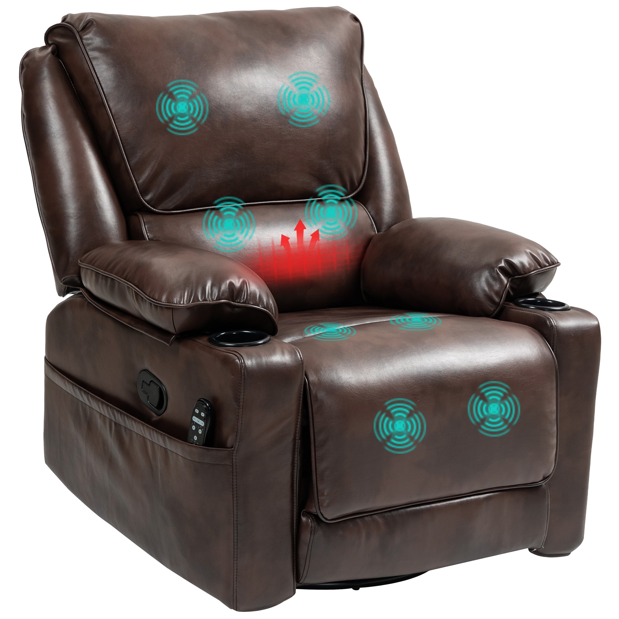 HomCom 700-175V80BN Recliner Chair with Vibration Massage and Heat Oversized PU Swivel Rocker Single Sofa with Remote Footrest Cup Holders and Side Pockets Manual Reclining Chair for Living Room Brown