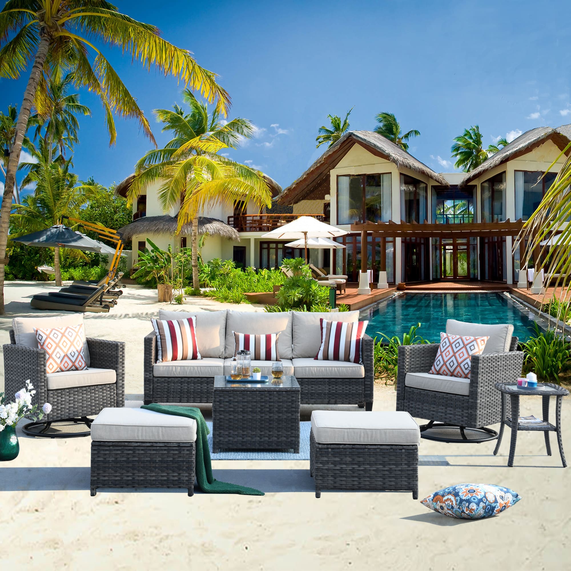Pouuin SYZGRS607M 7 -Piece Rattan Patio Sofa Conversation Set with Off-white Olefin Cushions