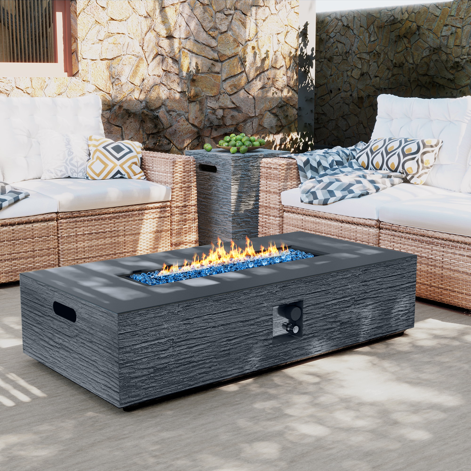 UPHA PL-56S-MH-W Magnesium Oxide Gas Fire Pit with Tank Cover and Wind Guard 56-in W 50000 Maximum BTUs Concrete Rectangle Liquid propane Fire pit table