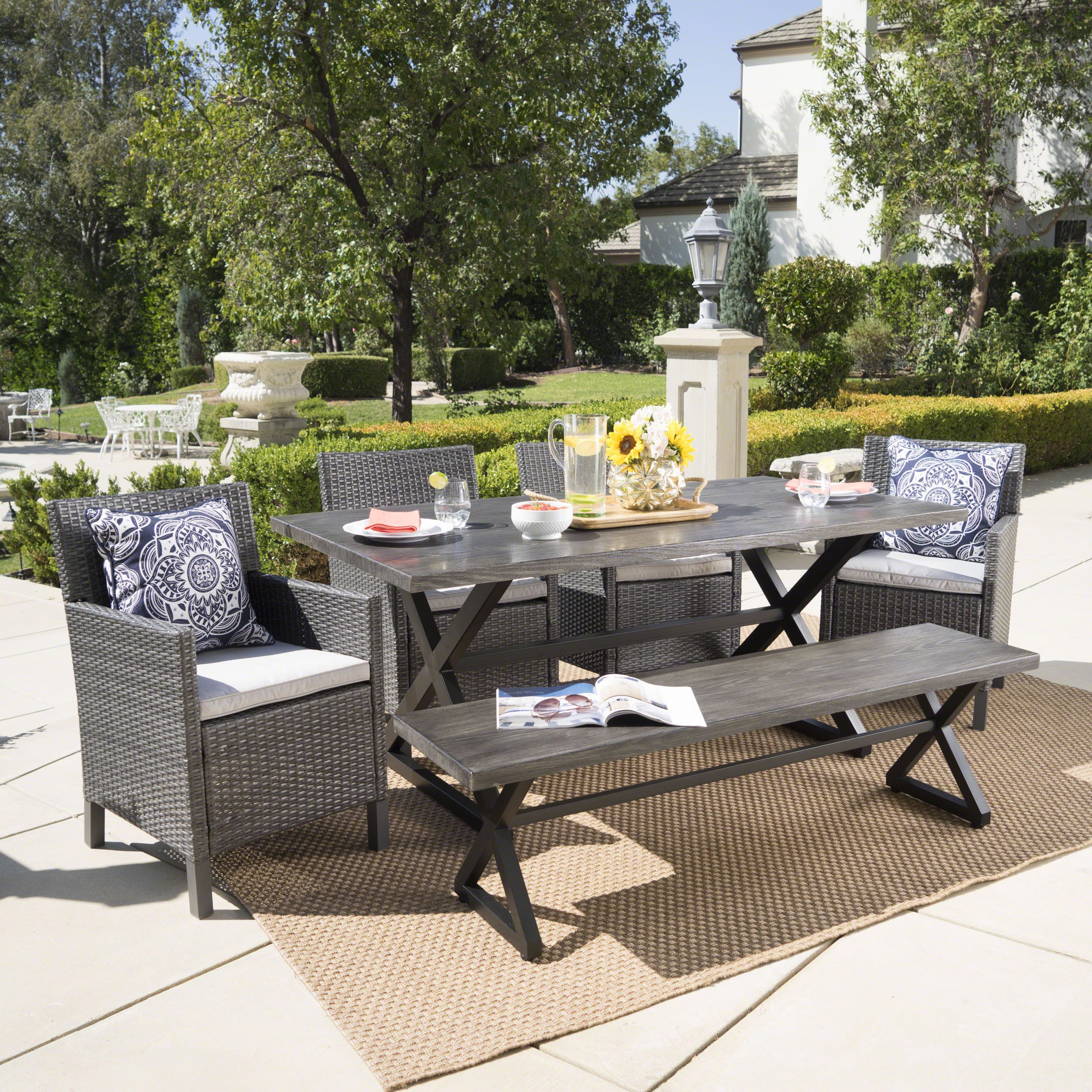 Christopher Knight Home - Aisha Outdoor 6 Piece Grey Wicker Rectangular Dining Set with Grey Alum...