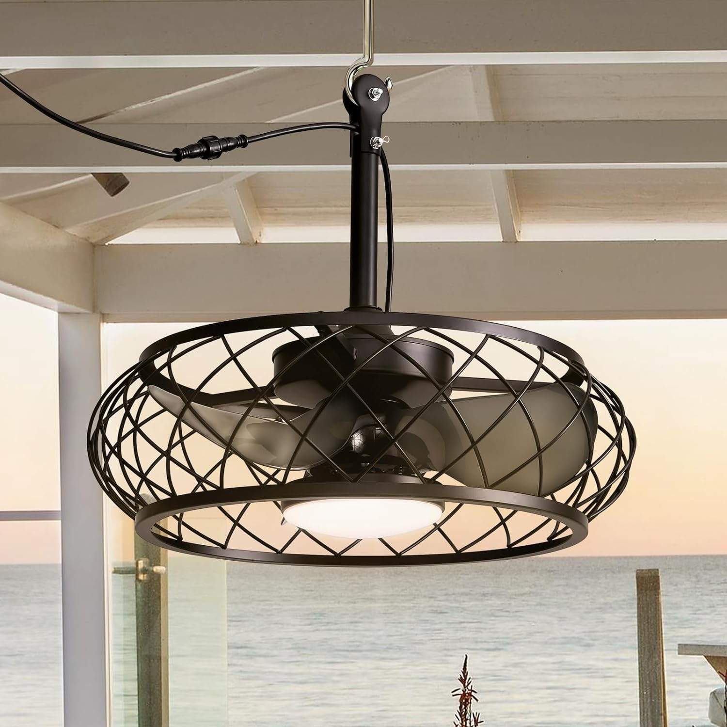 Antoine Modern Industrial Covered Outdoor 20-in Low Profile Black Cage with Black Blades Color-changing Integrated LED Indoor/Outdoor Smart Fandelier Ceiling Fan with Light and Remote (3-Blade) LSBD-44 Sansujyuku sansujyuku.com