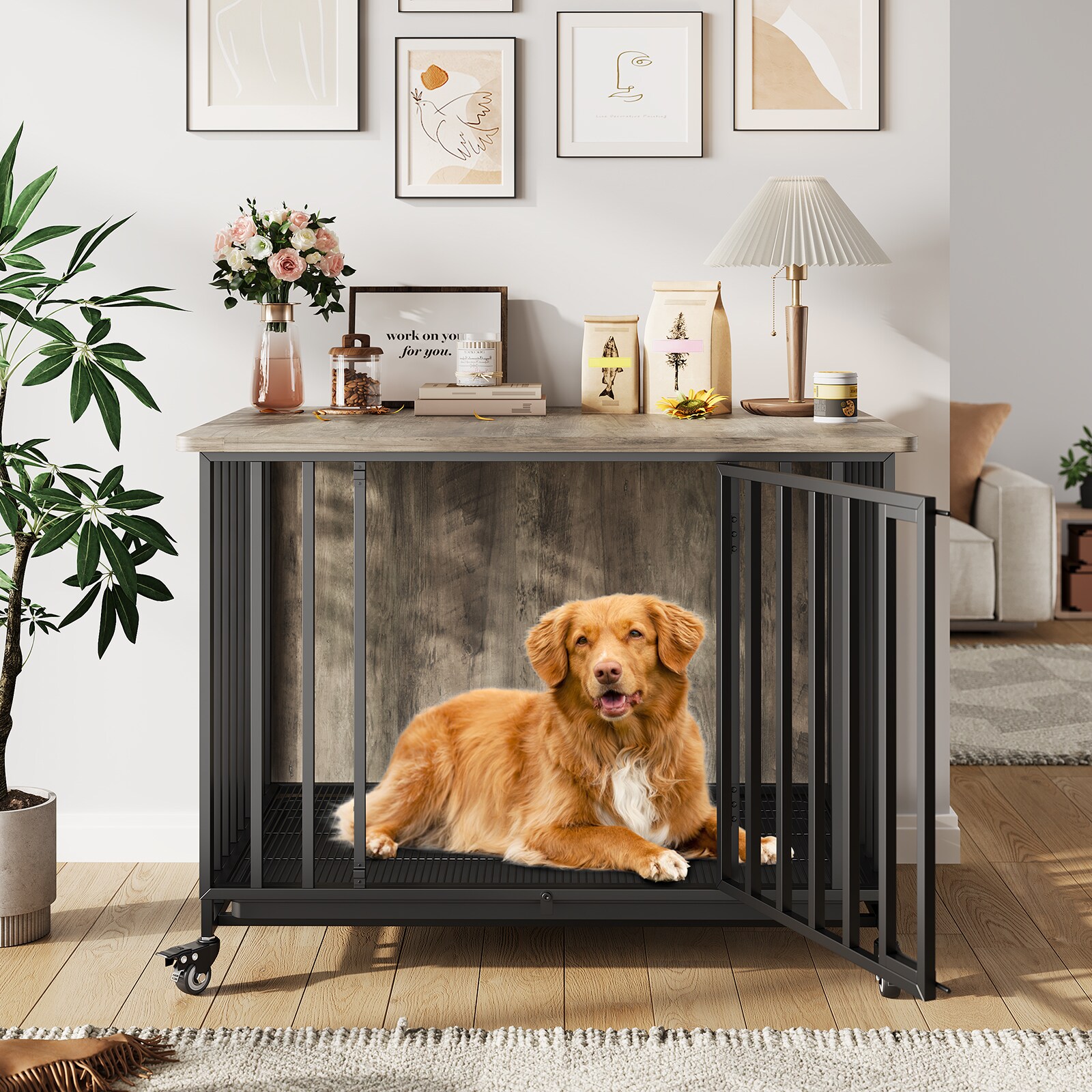 Edwards WLS-PPS-336HHPWN Heavy Duty Dog Crate Furniture with Wheels 39In Dog Kennel Furniture with Removable Tray Wooden Pet Cage Indoor Decorative Side End Table for Small Medium to Large Breeds