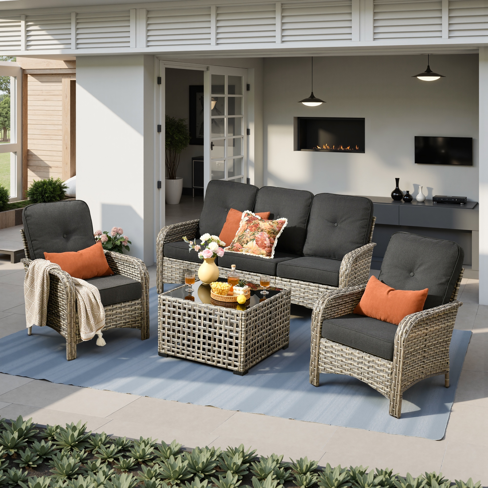 weaxty HMBVNC100S41 Belvoir 4 -Piece Wicker Patio Sofa Conversation Set with Black Cushions