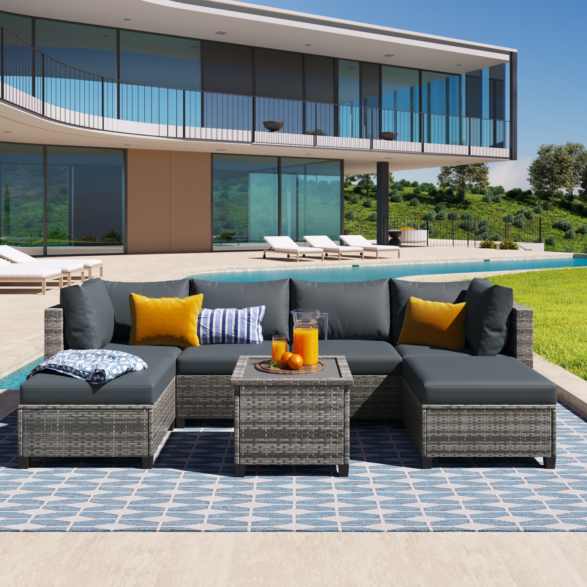 Nestfair FSP002G 7 -Piece Rattan 2 Patio Sofa Conversation Set with Gray Cushions