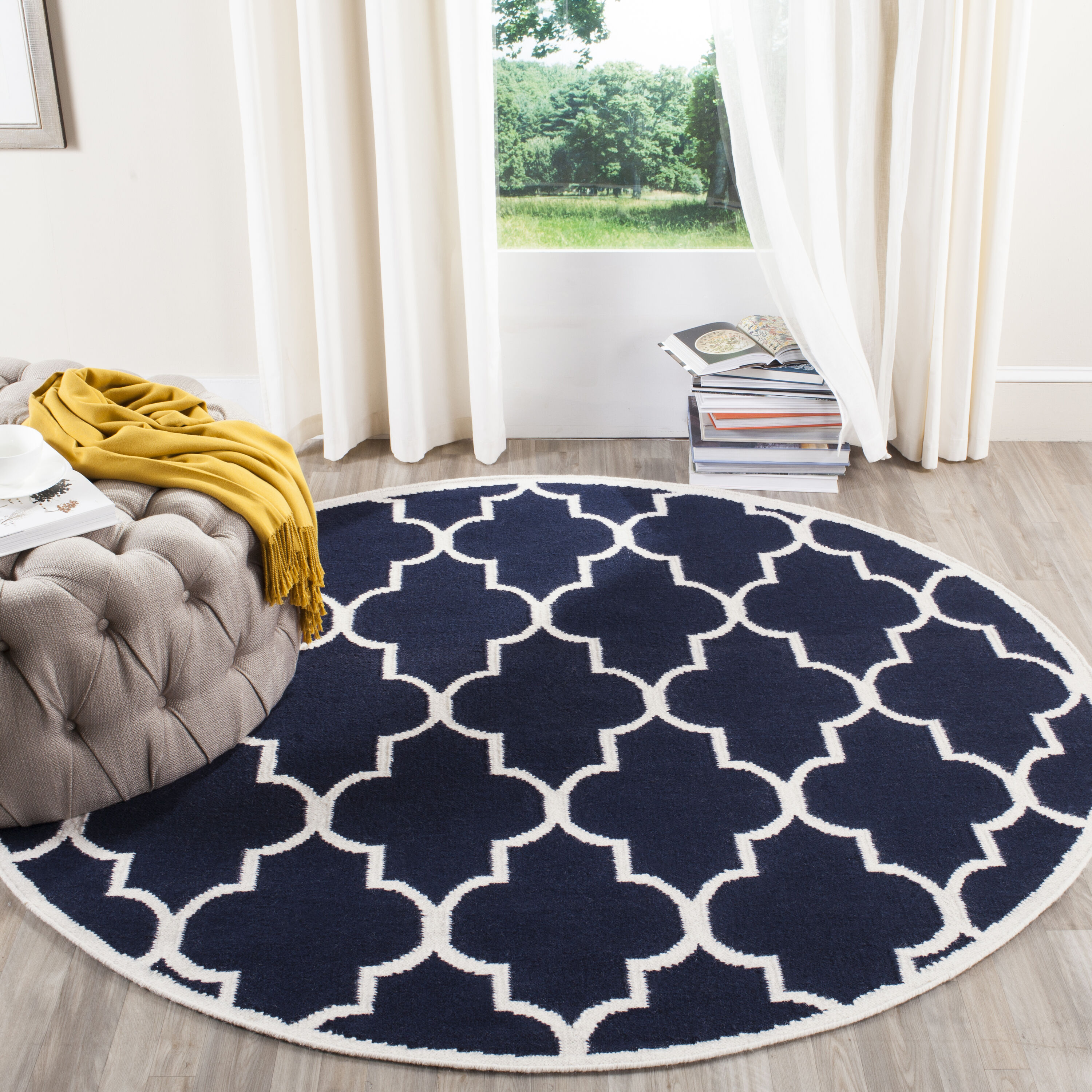  Dhurries 632 Navy/Ivory Contemporary 6ft x 6ft Round Rug
