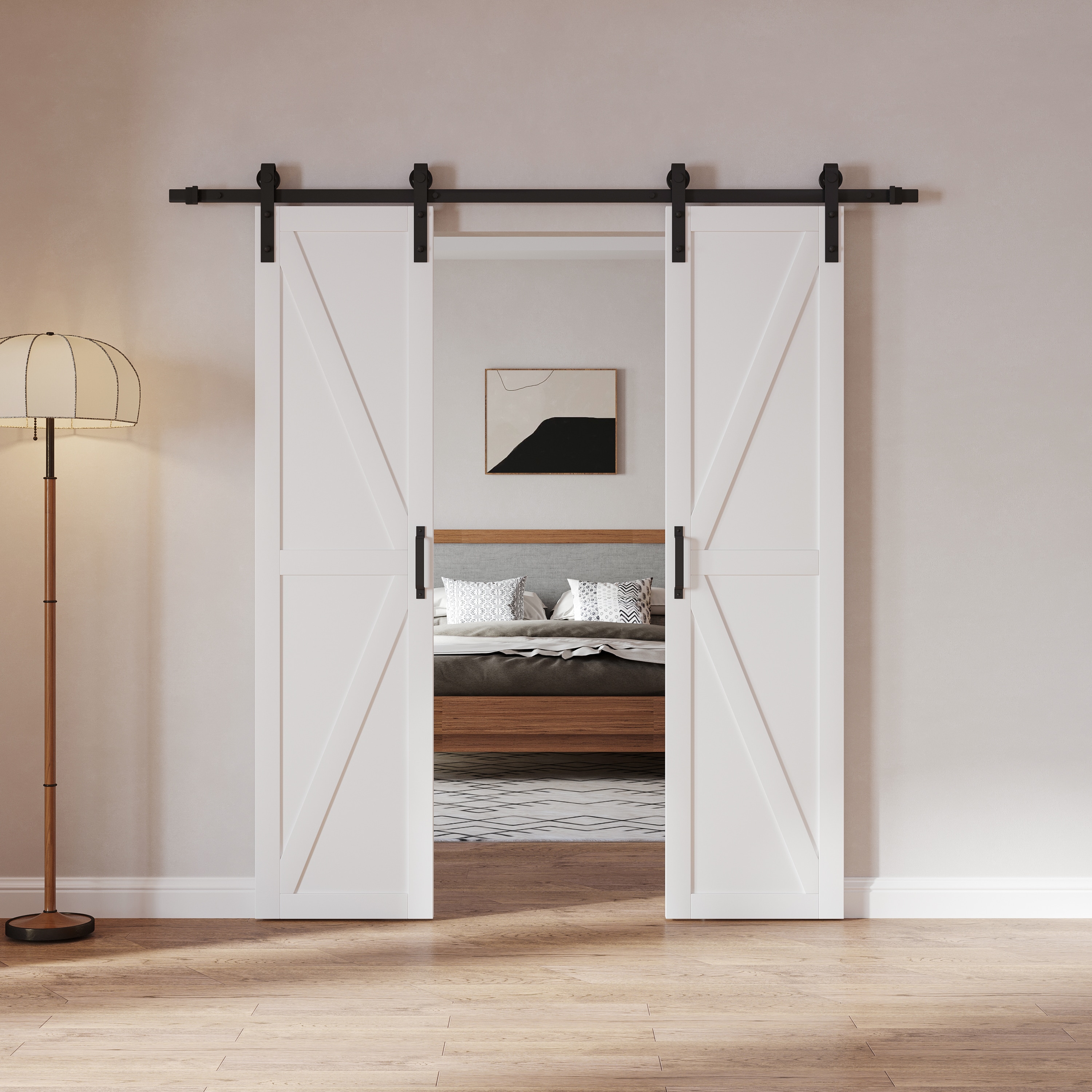 JUJUBON IN-BDWH-BD2-K-36 36-in x 84-in White K-frame MDF Solid core Double Barn Door (Hardware Included)