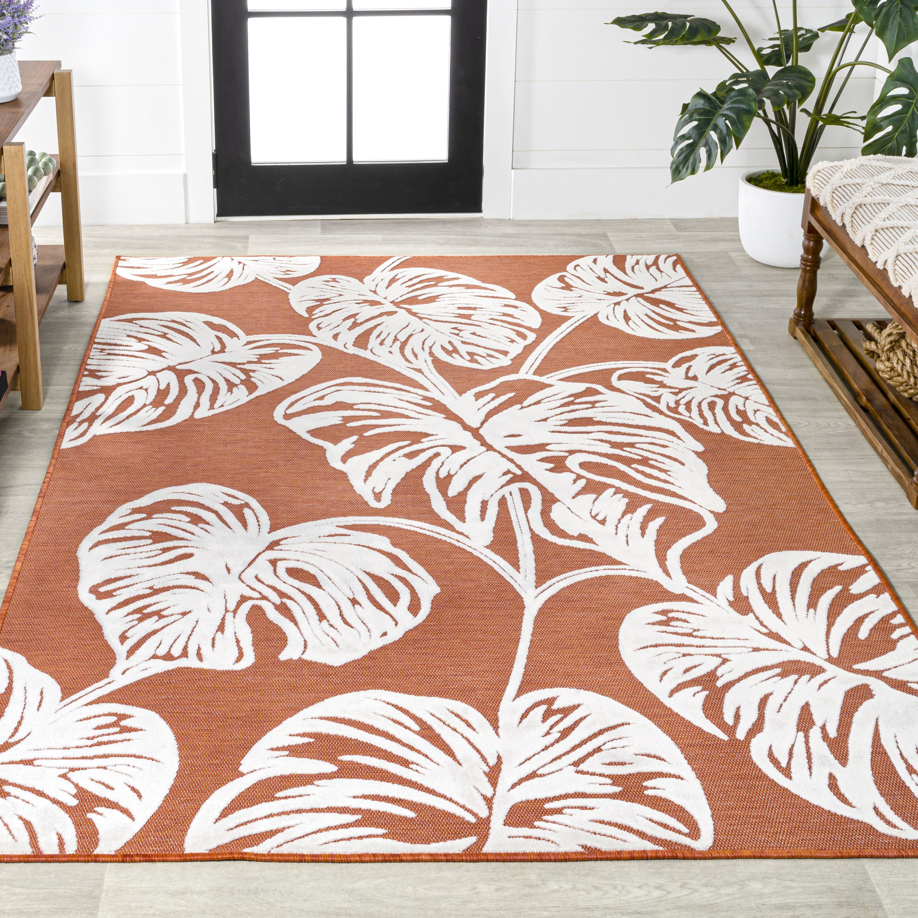 JONATHAN  Y HWC100A-5 Hawaii Tobago High-Low Two-Tone Monstera Leaf 5 x 8 (ft) Loomed Polypropylene Orange/Ivory Rectangular Indoor/Outdoor Floral/Botanical Coastal Area rug