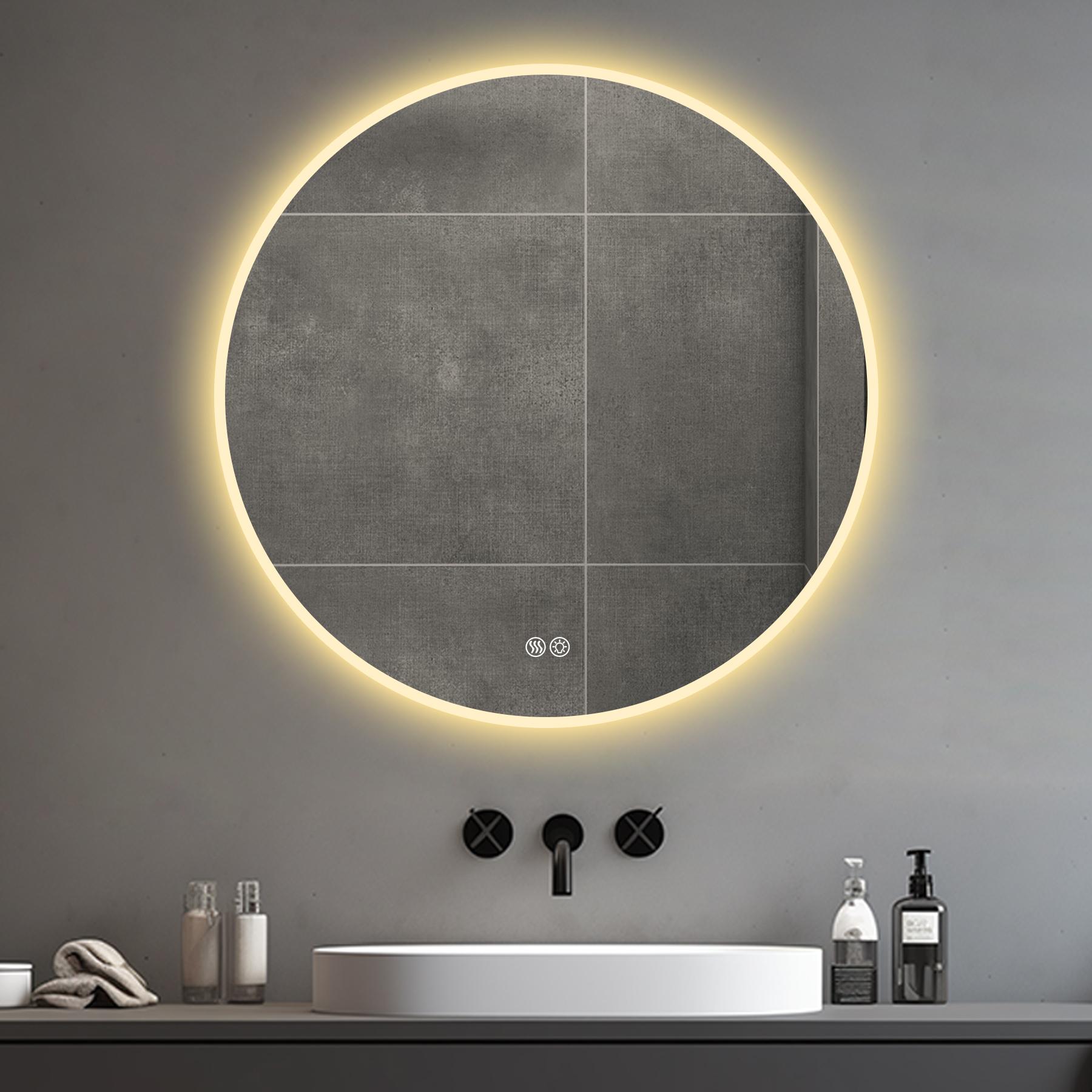 Bayfeve BF-242511-MIR LED Wall Mount Bathroom Mirror 32-in x 32-in Polished Frameless Round Dimmable LED Lighted Fog Free Bathroom Vanity Mirror ( Silver )