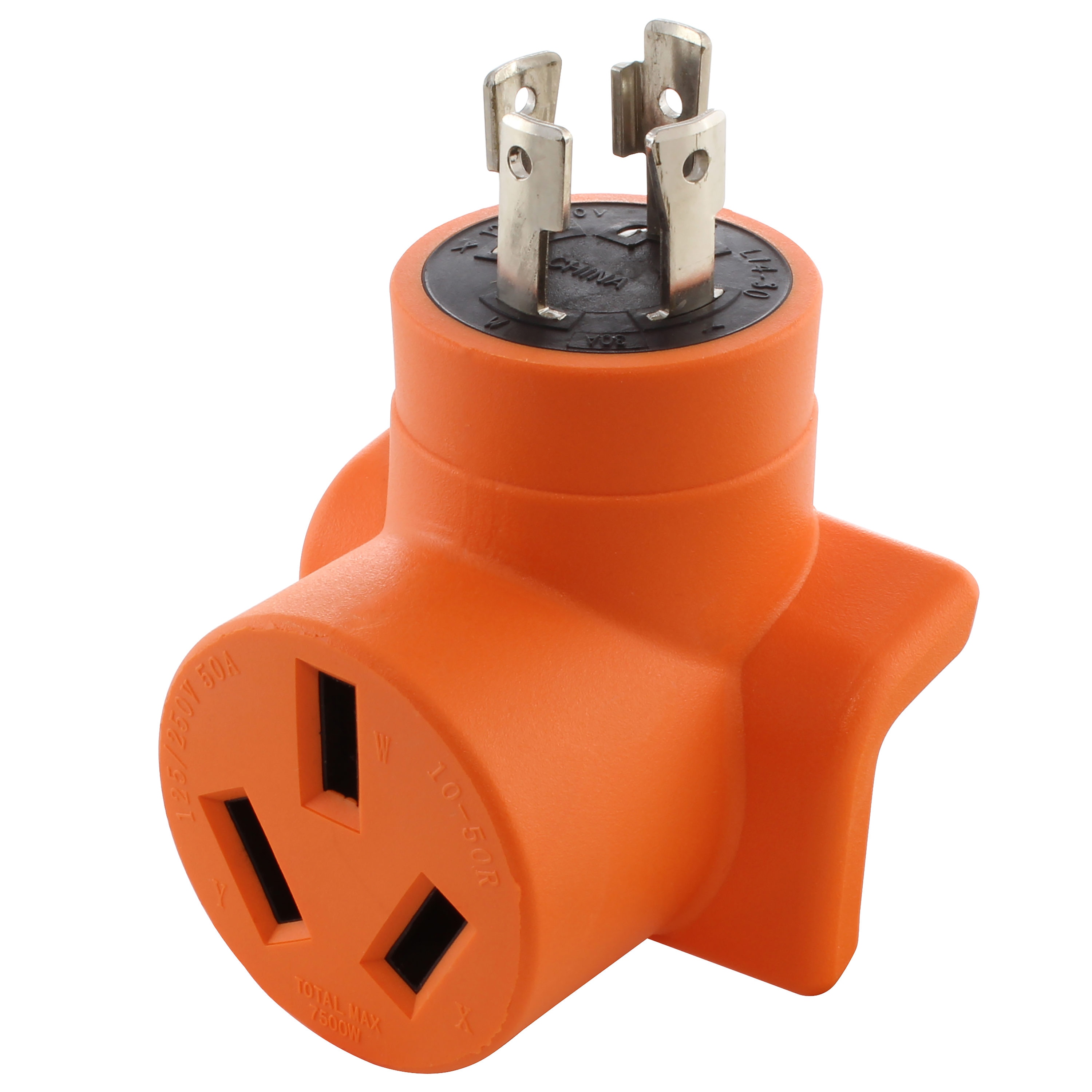 AC WORKS WDL14301050 NEMA L14-30P to NEMA 10-50R 30 -Amp 4-wire to 3-wire grounding Single to single Orange Basic Elbow Adapter