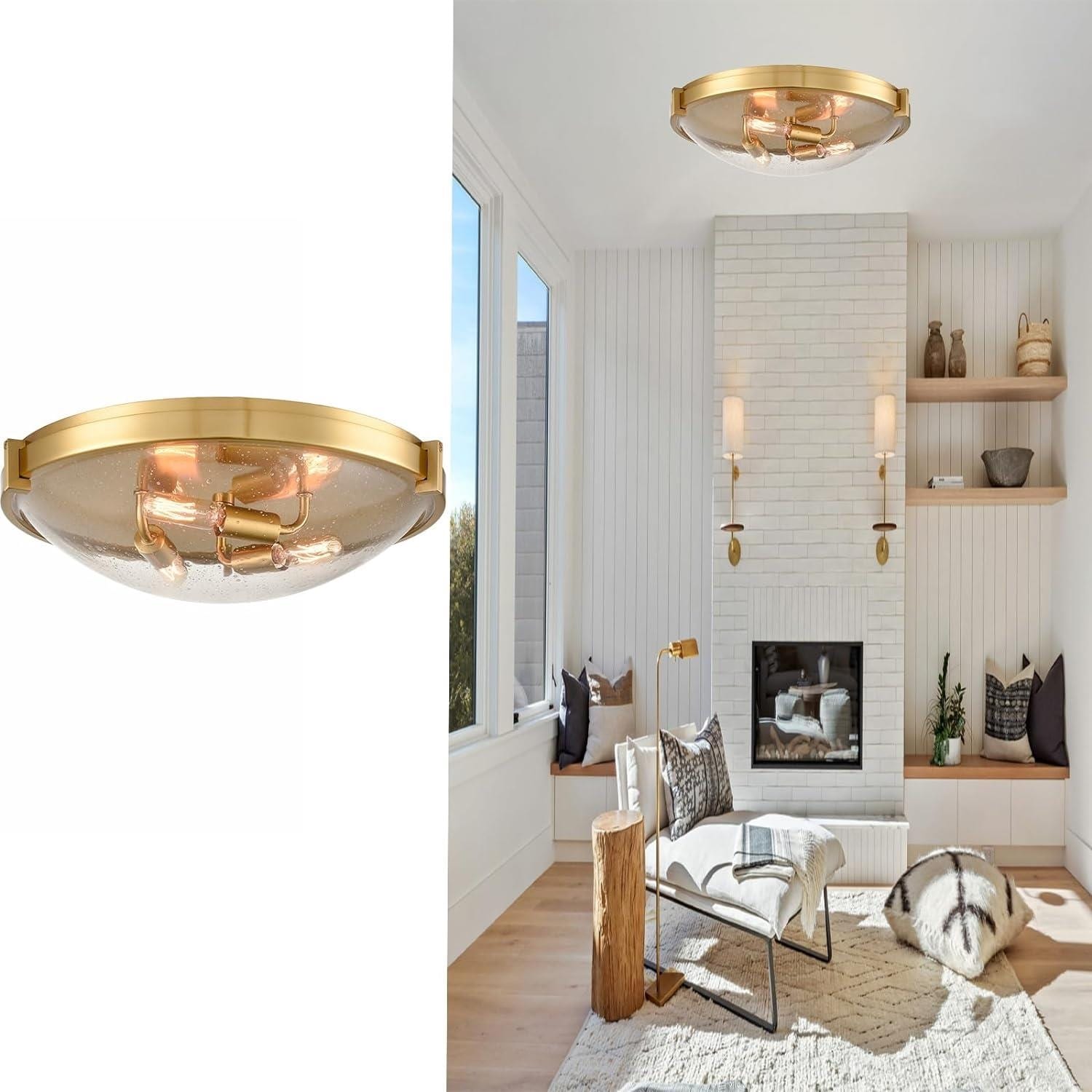Claxy HY-B7163-3CU-J Glass Light 1 -Light 16-in Brushed Brass Flush Mount Light