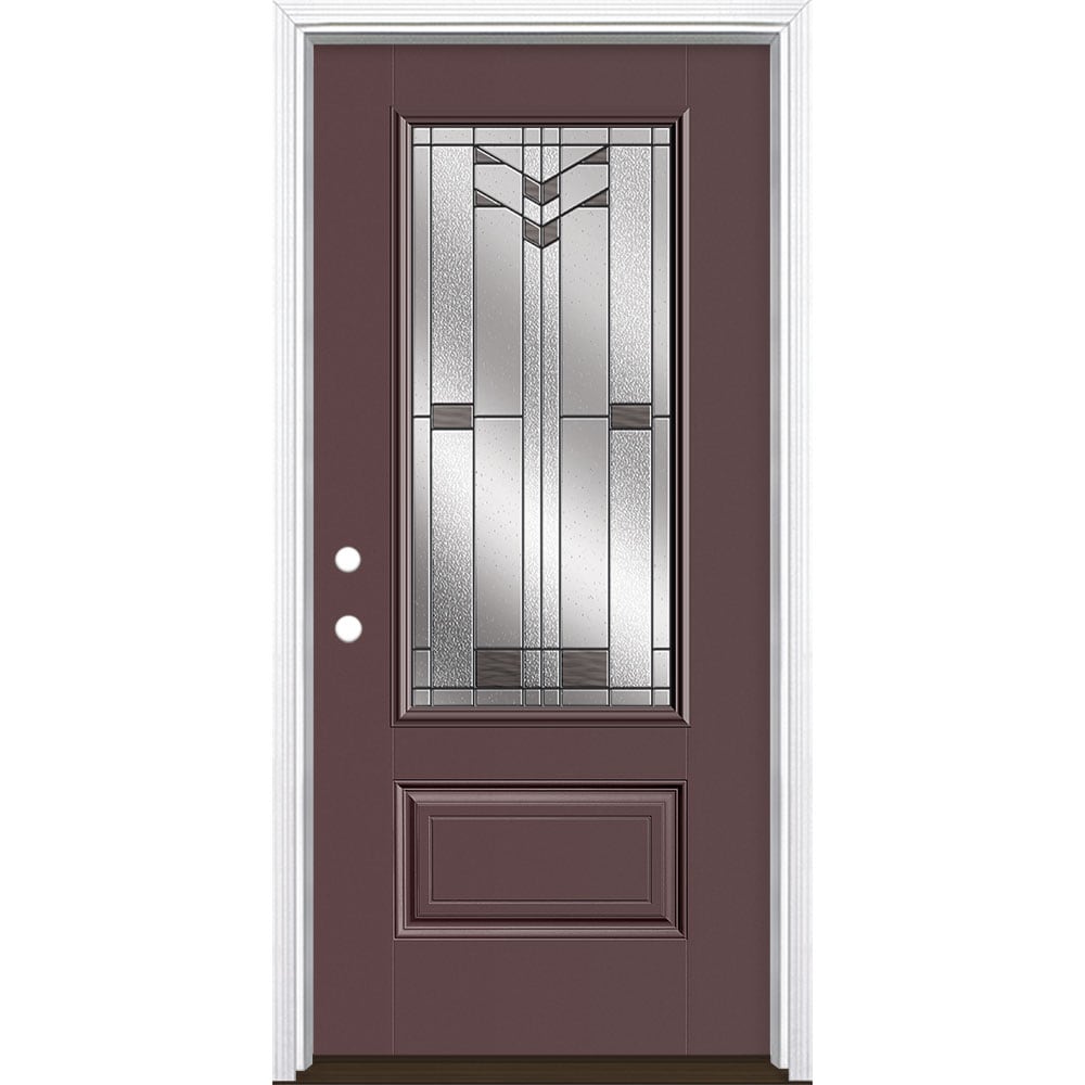 Masonite 3420356 Frontier 36-in x 80-in x 4-9/16-in Fiberglass 3/4 lite Right-hand inswing Currant Painted Prehung Front Door with Brickmould Insulating core