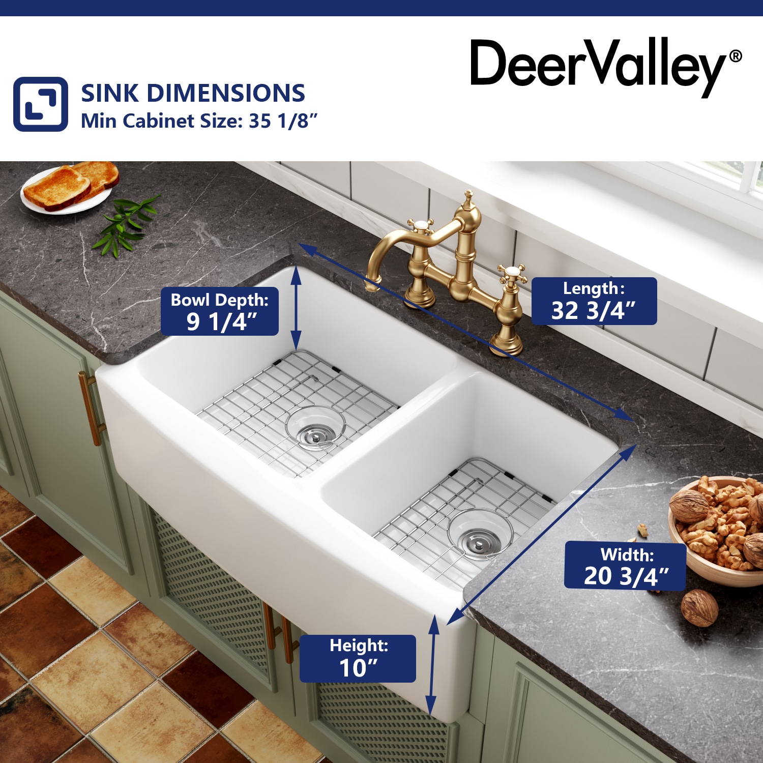 DeerValley 33" White Fireclay Double Bowl Farmhouse Sink