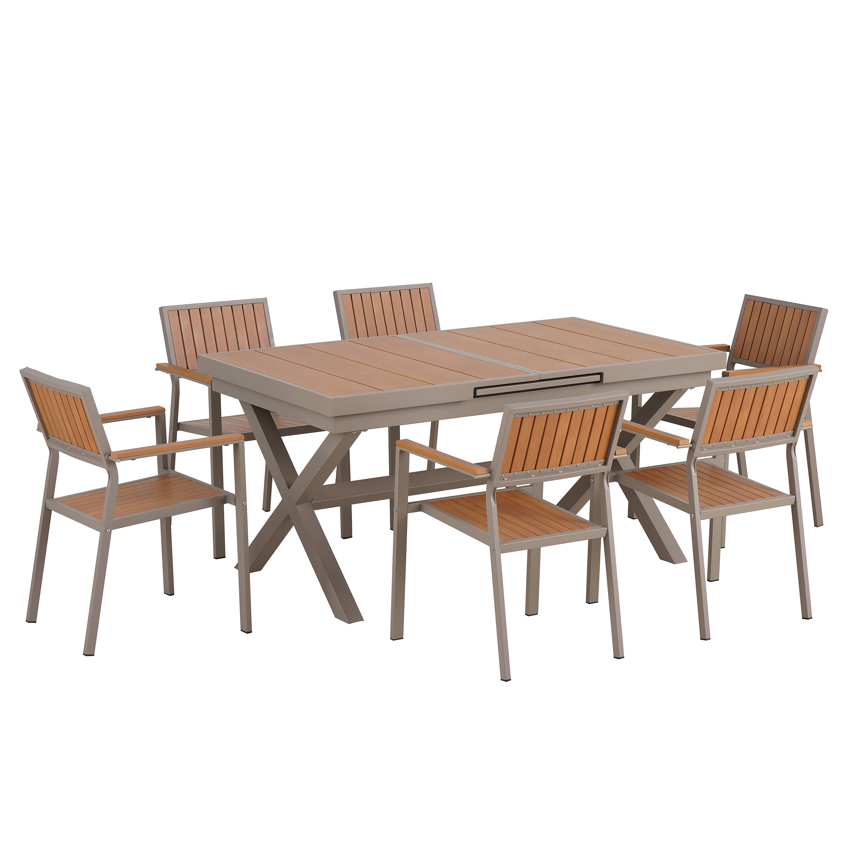 Mondawe MO-US-43AAO 7 -Piece Camel Patio Dining Set Extendable Table Plastic Rectangle Table with 6 Stationary Chairs