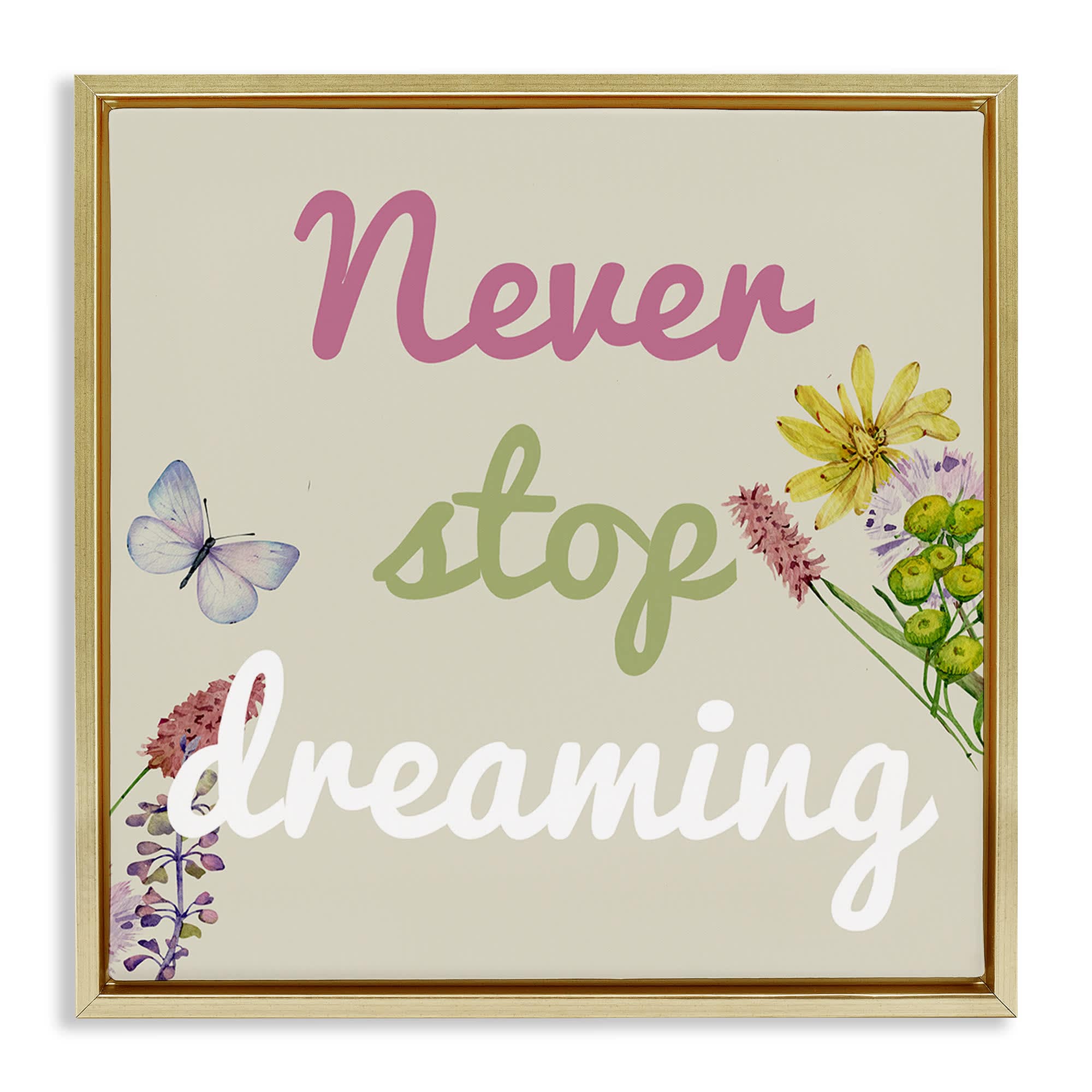 Stupell Industries BS-434-FFG-24X24 Never Stop Dreaming with Florals Gold Framed Floater Canvas Wall Art By Kim Allen 25 x 25