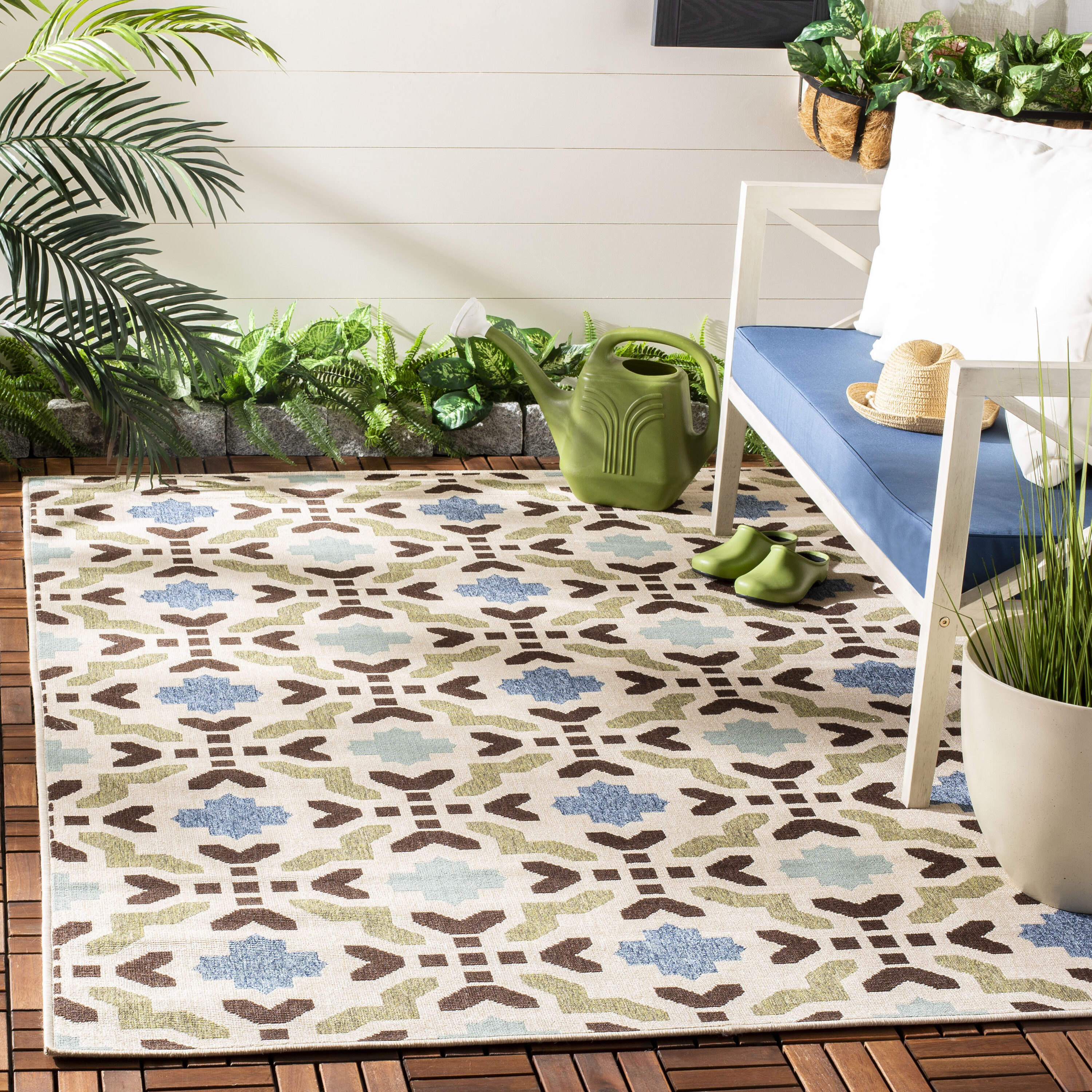 Safavieh VER080-0612-3 Veranda Michiko 3 x 5 (ft) Loomed Synthetic Cream/Aqua Rectangular Indoor/Outdoor Floral/Botanical Coastal Throw rug