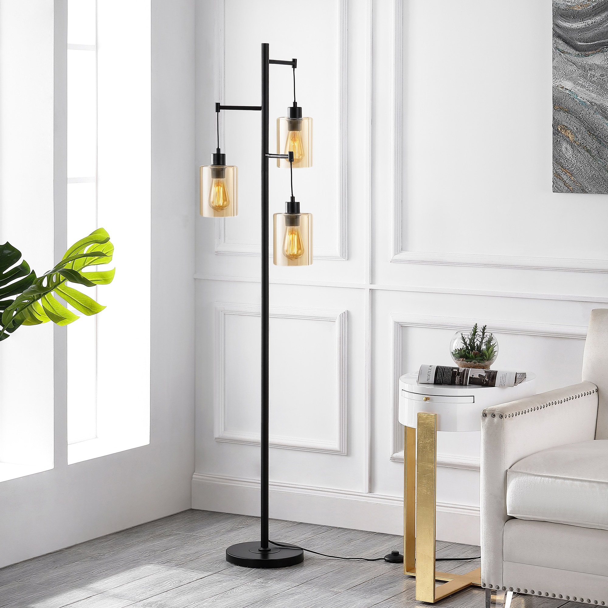 Sleek 69" Black Industrial Multi-Head Tree Floor Lamp with Amber Glass Shades