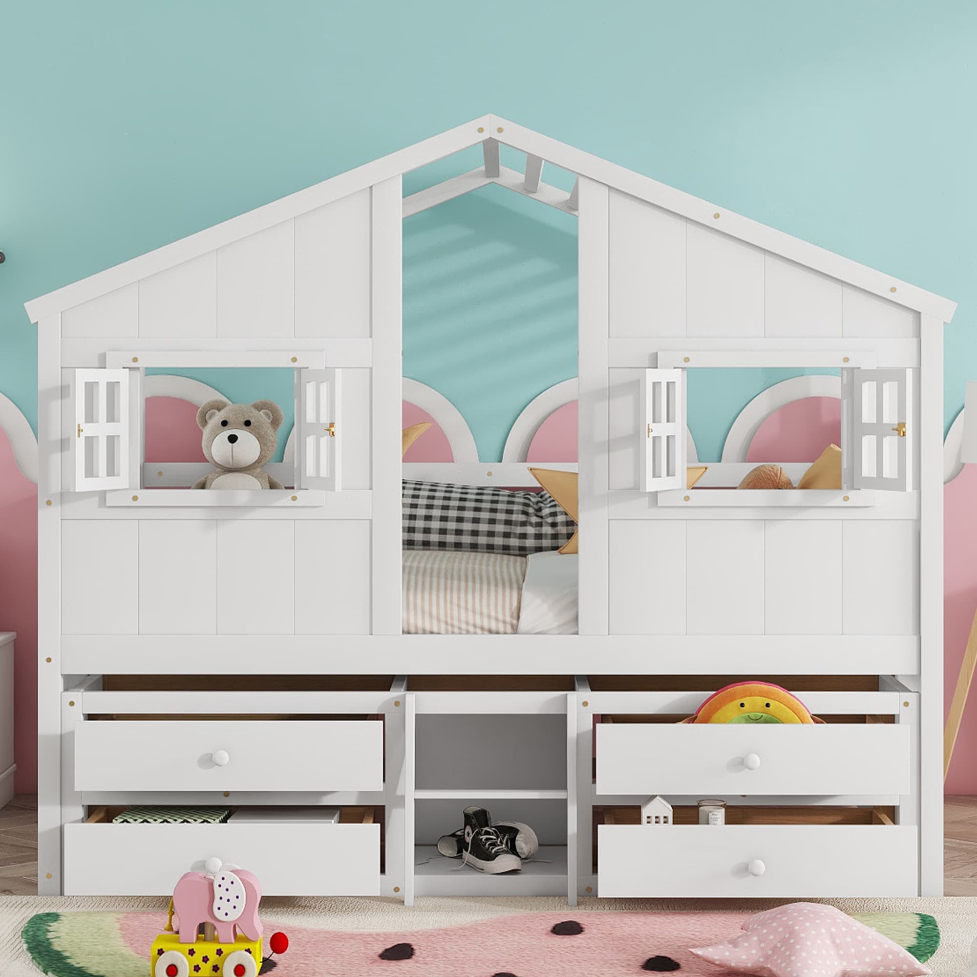 LOVMOR SF-Y-W504S00242 Full Size House Loft Bed with Roof Windows4 Storage DrawersPine Wooden Bed with Safety GuardrailsLadderWhite