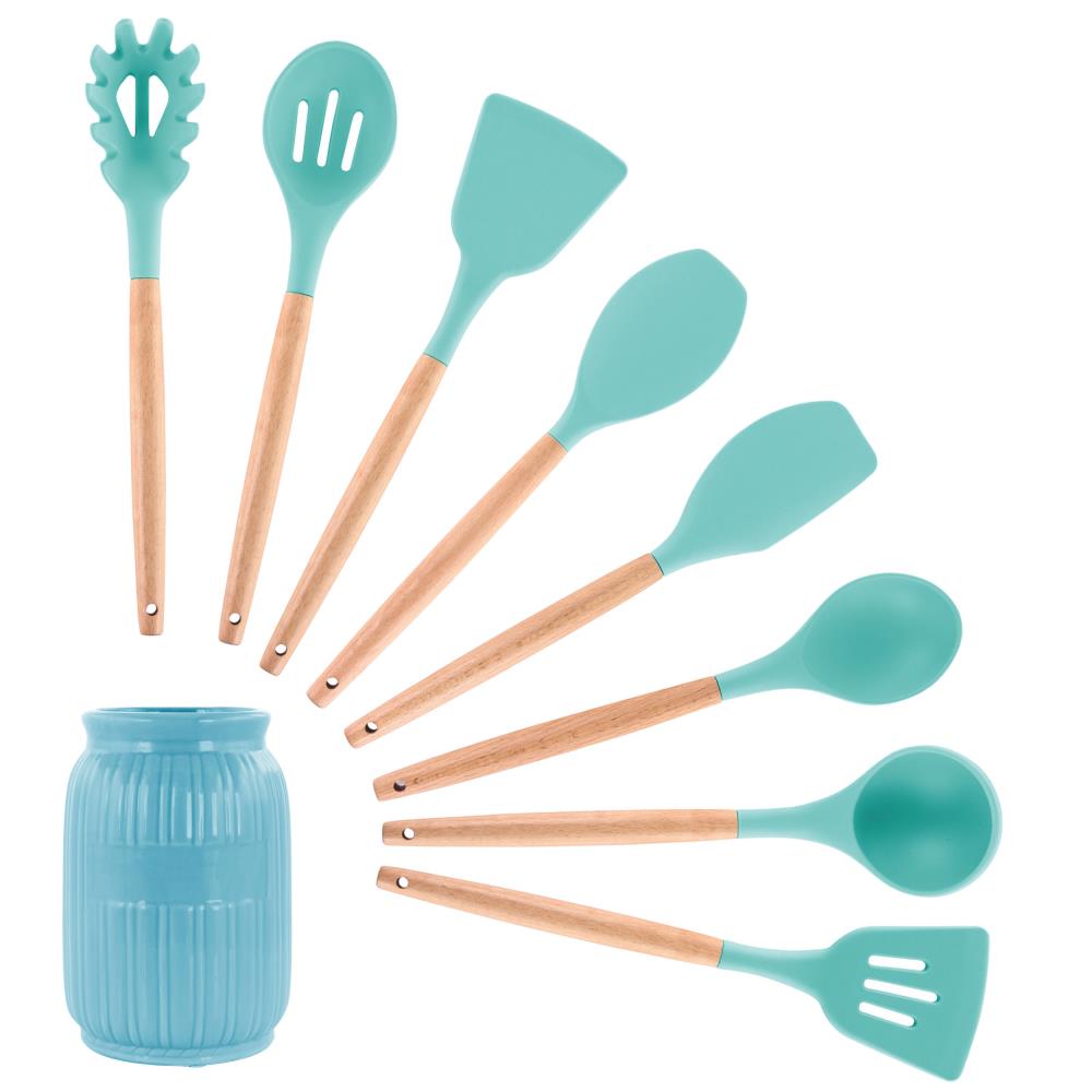 MegaChef Light Teal Silicone and Wood Cooking Utensils Set of 12 - Blue  Spatula Utensil Set - BPA Free - Hand Wash Recommended in the Kitchen Tools  department at