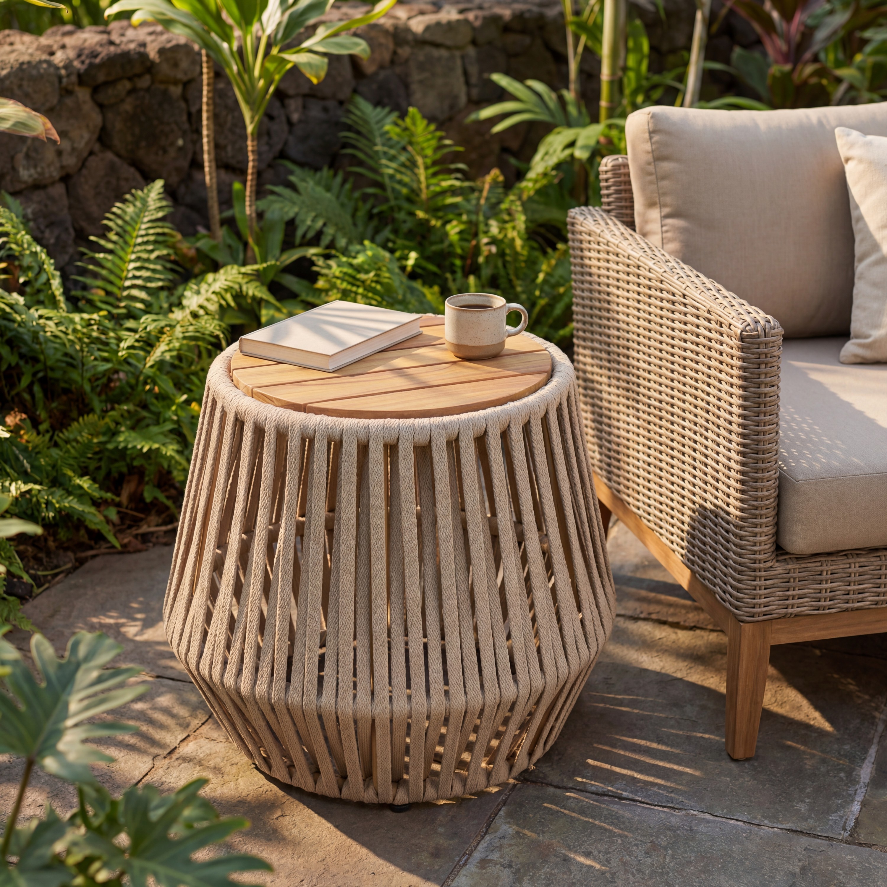 Christopher Knight Home Acacia Wood Top Outdoor Patio Round Side Table with Beige Rope and Light Teak Finish with Weather-Resistant