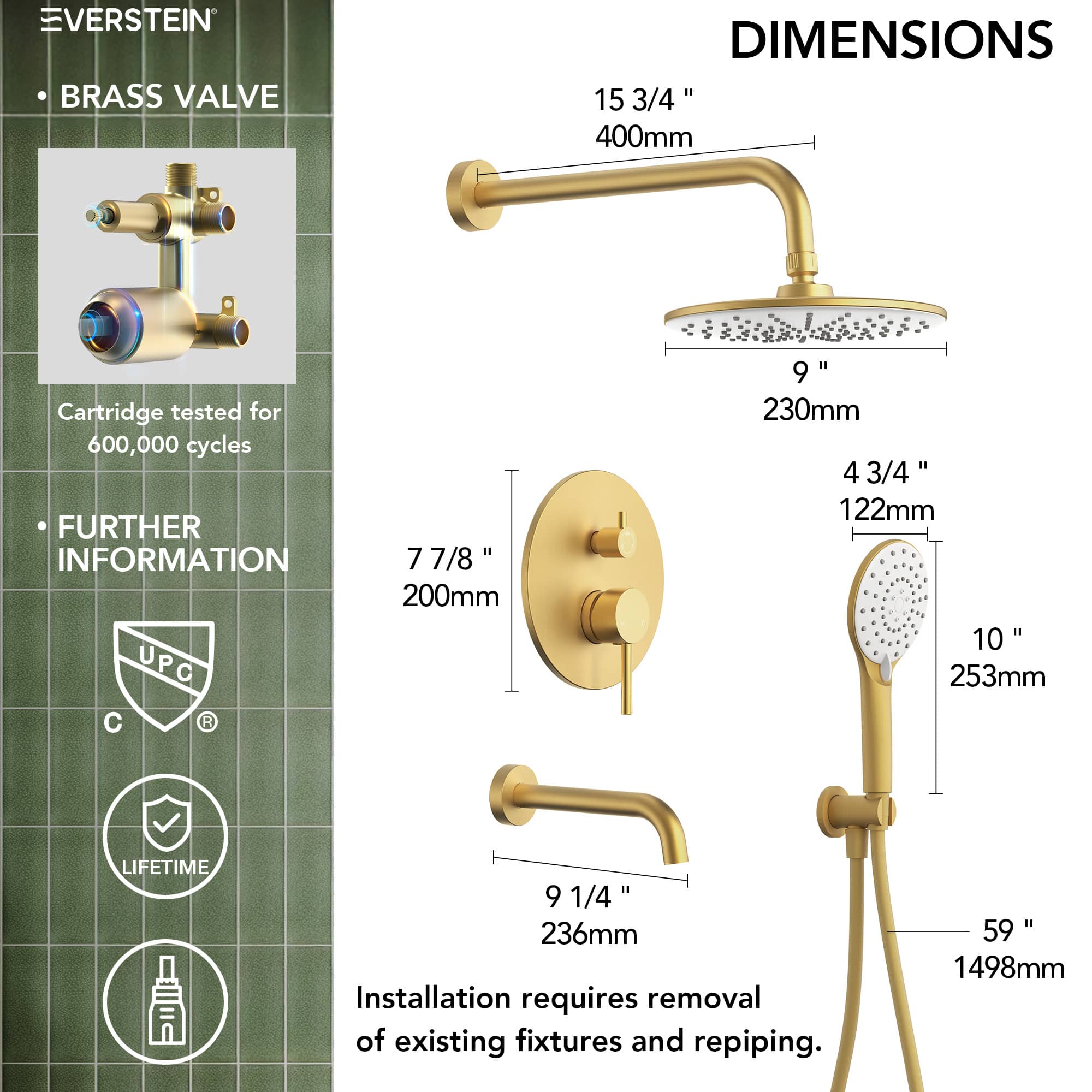 EVERSTEIN SFS-1076-GD9 Showerhead-Bar-Panels - View #12