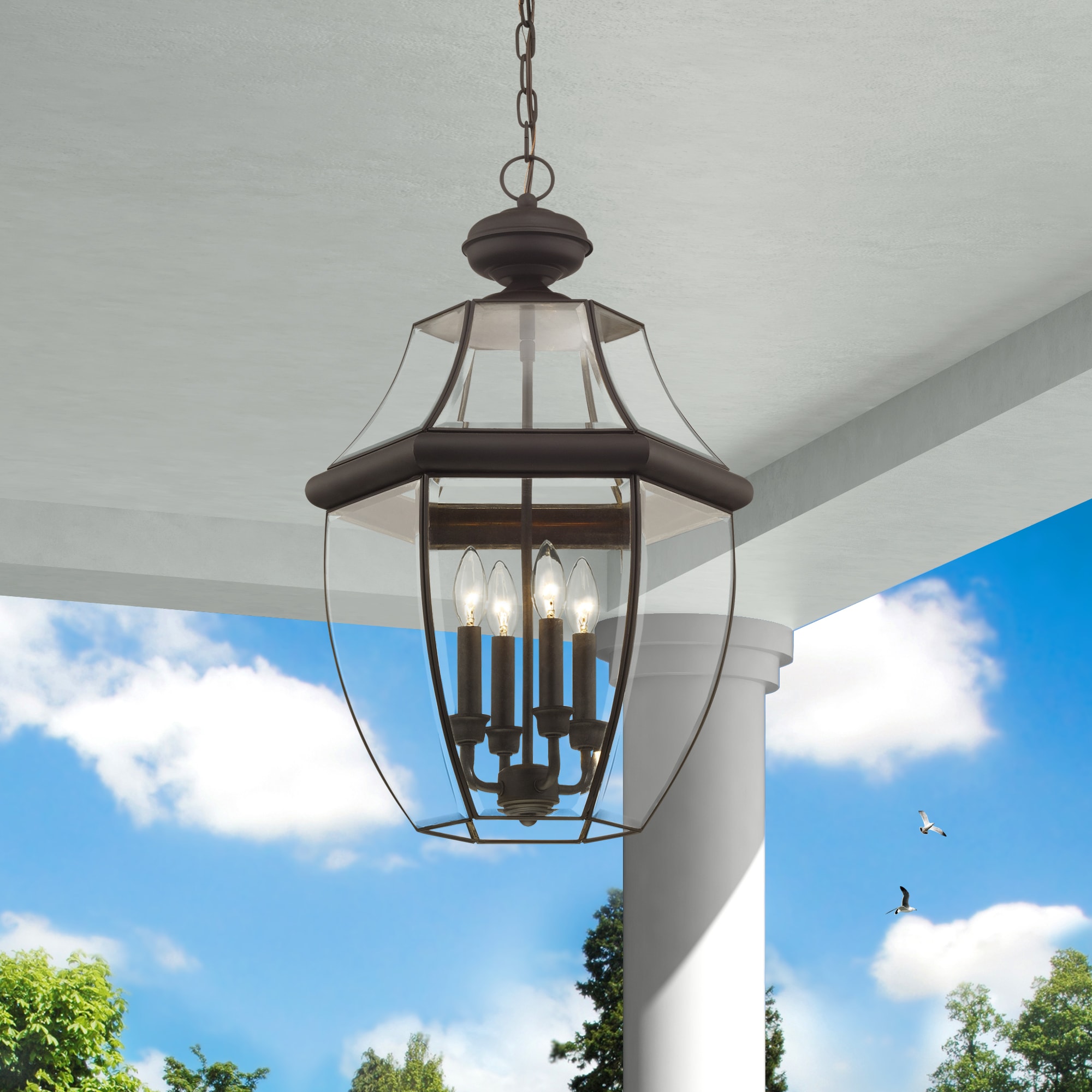 Monterey Elegance 4-Light Outdoor Pendant Lantern in Bronze with Beveled Glass