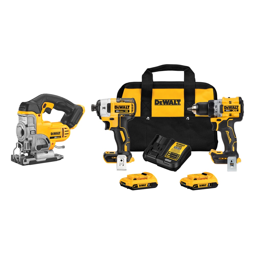 DEWALT 20V Max XR Brushless Cordless 1/2-in Drill Driver & 1/4-in Impact Driver Kit & 20V Max Variable Speed Jigsaw