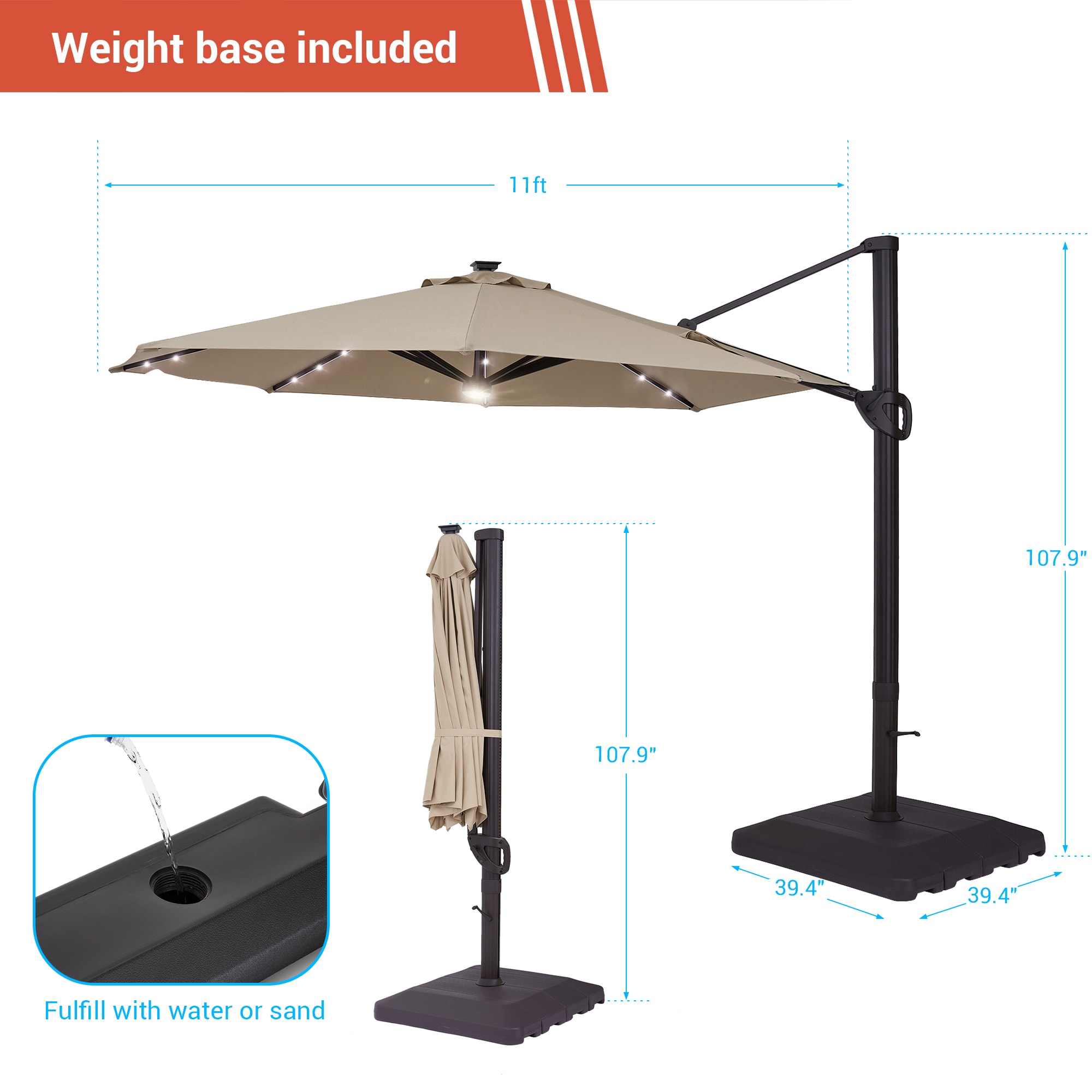 ACEGOSES 11-ft Aluminum Tan Cantilever Patio Umbrella with Lights and ...