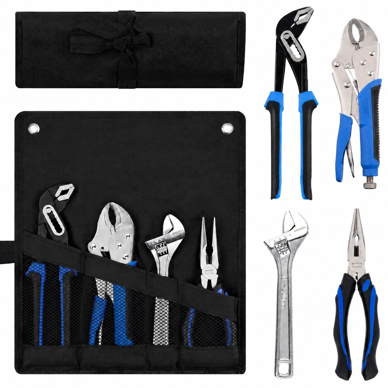 Mikiotto 4 Piece Home Maintenance Tool Kit with Groove Joint Long Nose Diagonal Cutting Locking Pliers Adjustable Wrench and Storage Pouch for #LMK0825K752