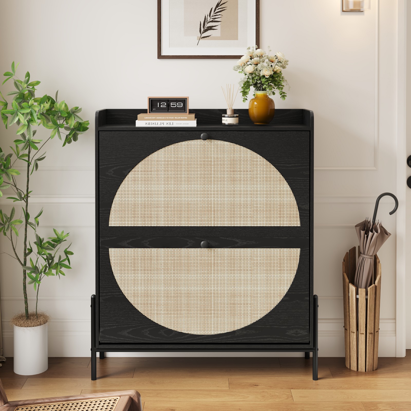 GlasFlength  Light Oak Rustic Barn Door Shoe Cabinet with 4 Flip Drawers Sleek Space Saving Entryway Organizer for Living Room