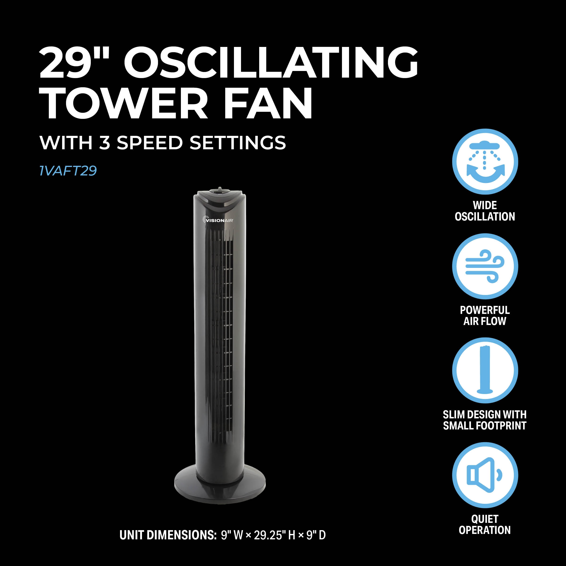 VisionAir 29-in 115-Volt 3-Speed Indoor Black Oscillating Tower Fan
