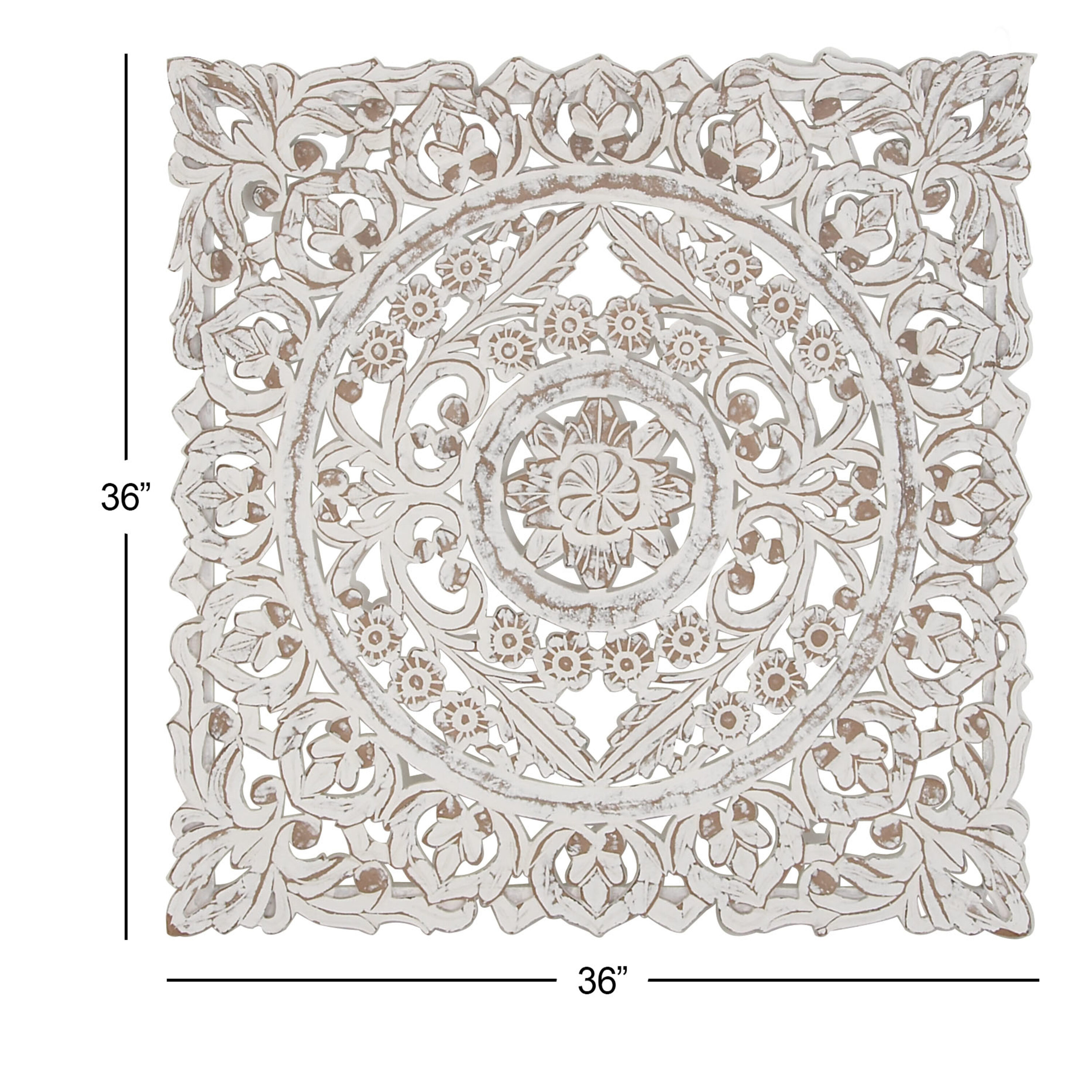 Whitewashed Wood Botanical Carved Wall Panel, 36" Square