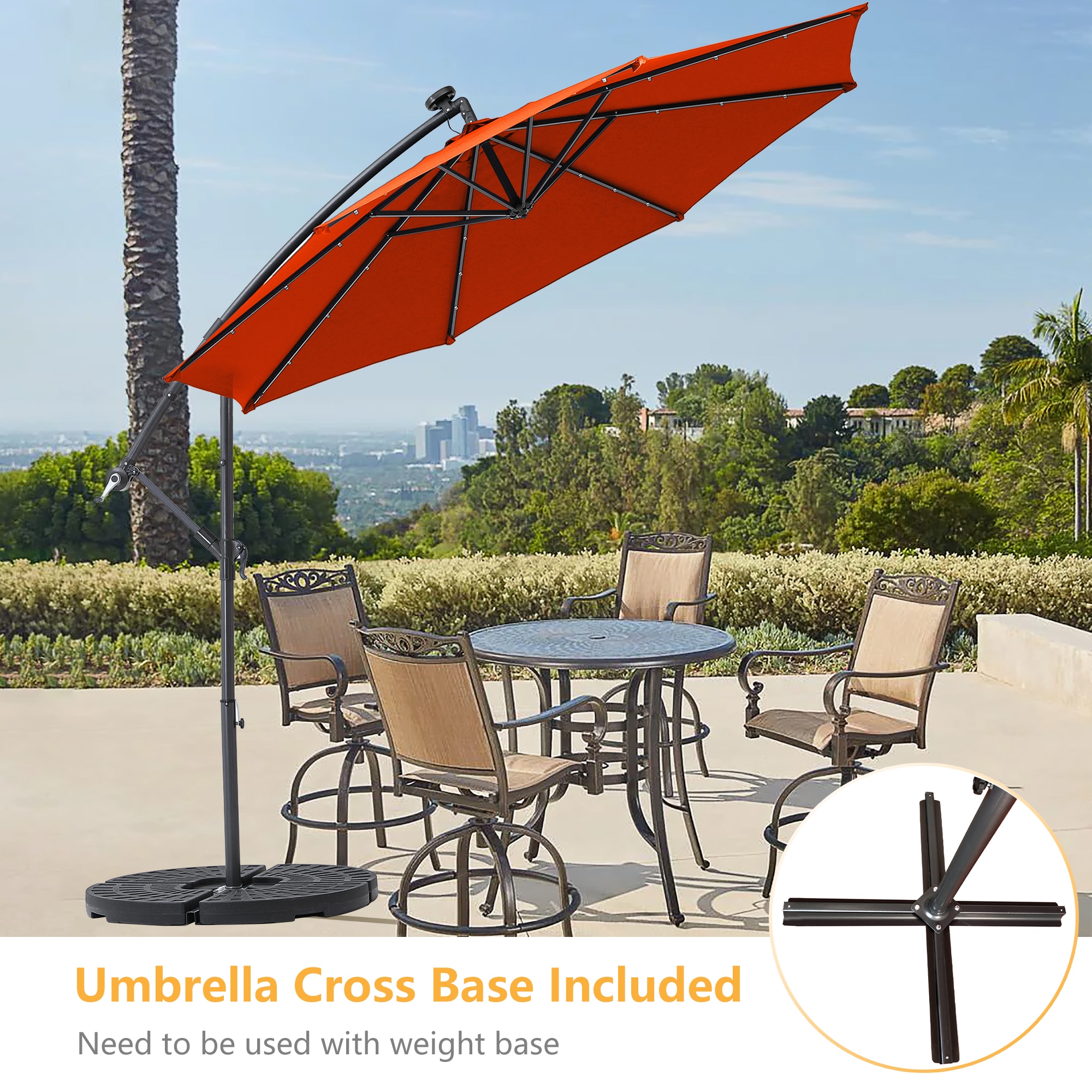 Clihome CH-H4L-OR 10-ft Steel Orange Crank Cantilever Patio Umbrella with Lights