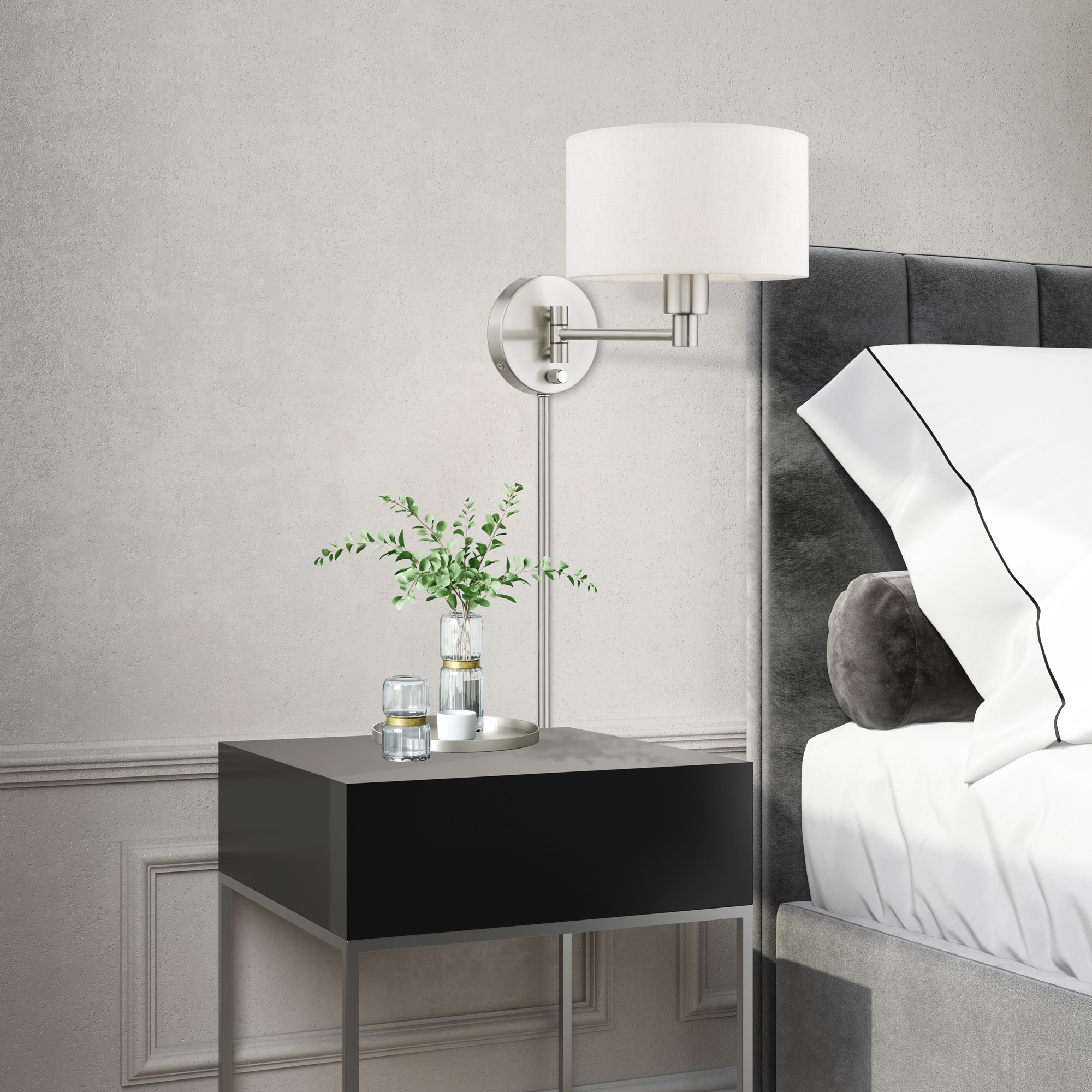 Transitional Brushed Nickel Swing Arm Wall Lamp with Oatmeal Fabric Shade