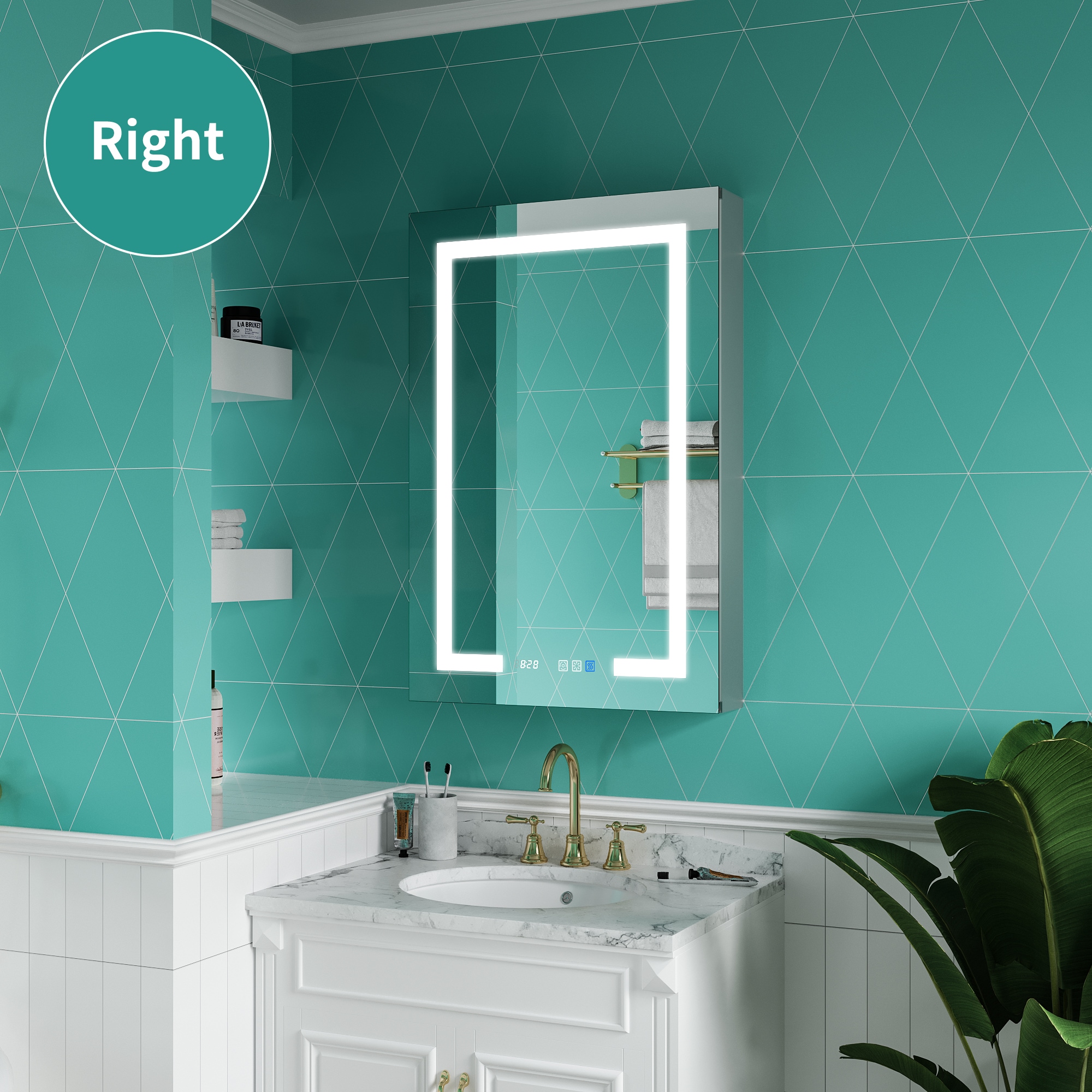 ExBrite EBMC2436V4RX Ethos 24-in x 36-in Lighted LED Fog Free Surface/Recessed Mount Silvery Gray Mirrored Rectangle Soft Close Medicine Cabinet with Outlet