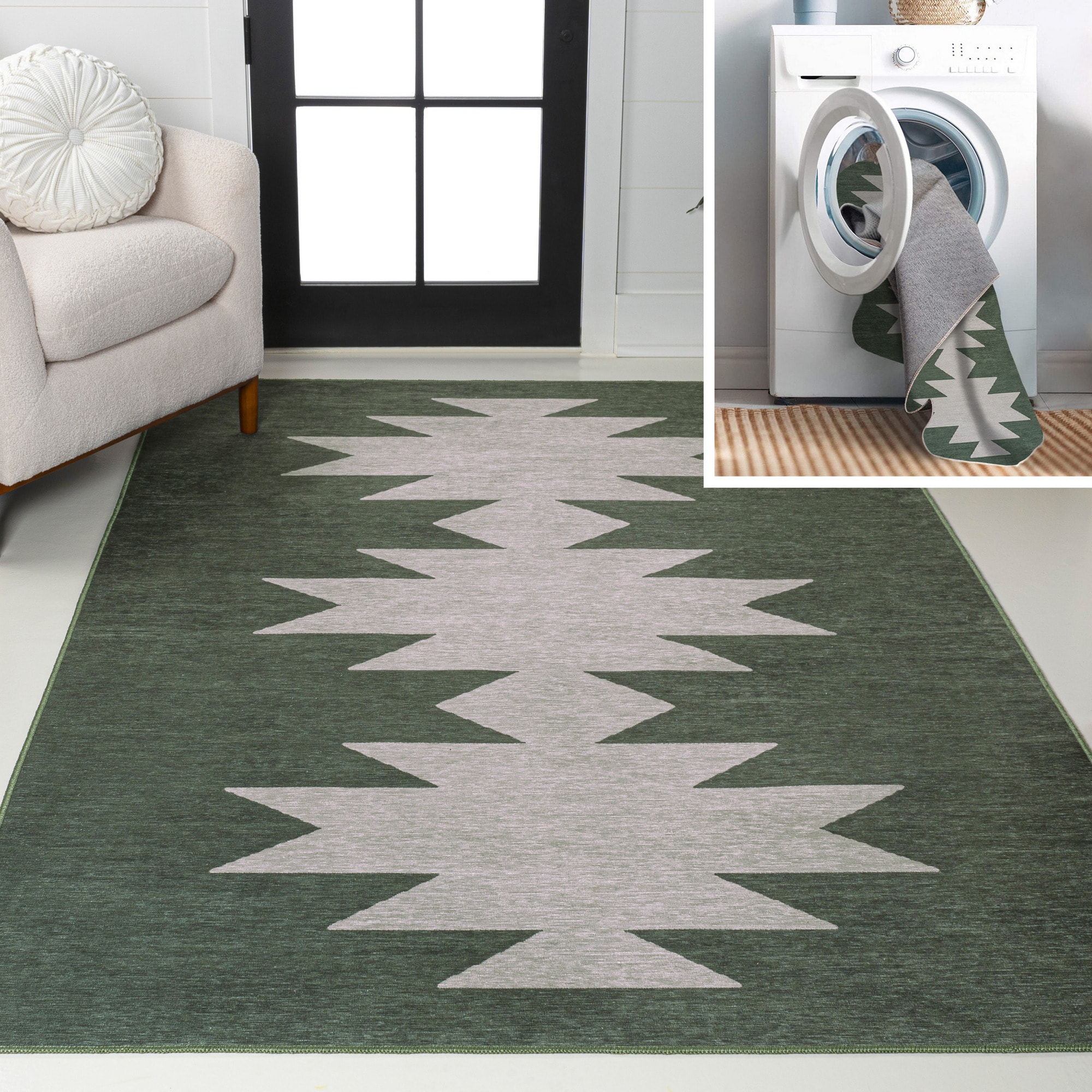 JONATHAN  Y WSH110C-3 WASHABLE Chayton Minimalist 3 x 5 (ft) Loomed Chenille Dark Green/Light Gray Rectangular Indoor Geometric Southwestern Machine washable Area rug