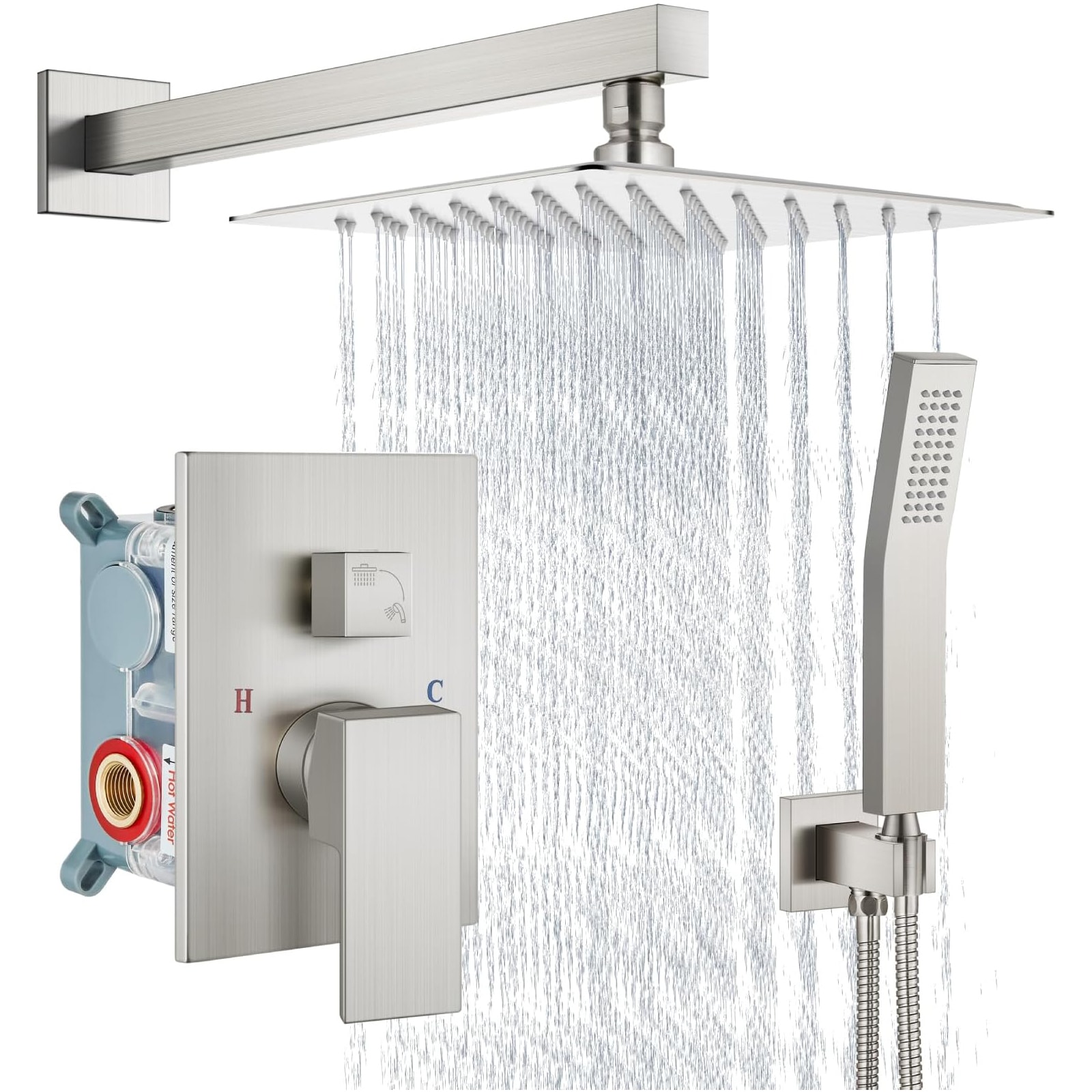 Afoxsos All Metal Shower Faucet Set 8 Inch Brushed Nickel Rain Shower Head with Handheld Spray 2 Function Wall Mount Valve Trim Kit 1 Set