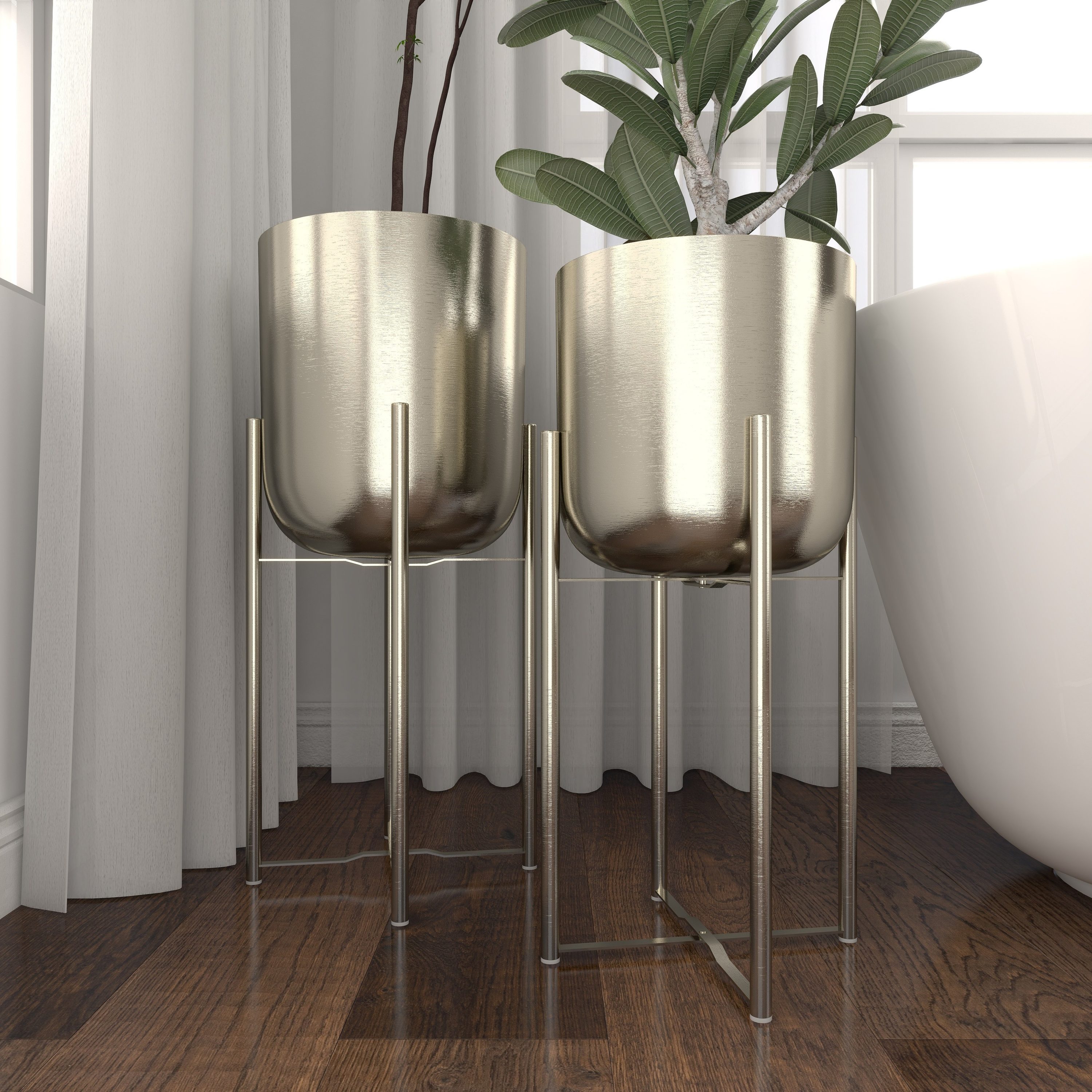 Silver Metal Indoor Outdoor Planter Set with Removable Stand, 19" and 22"