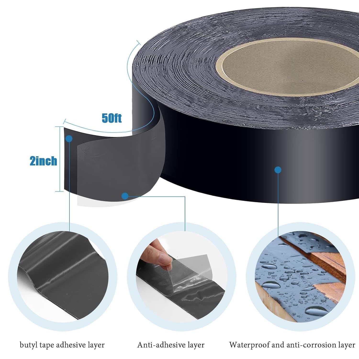 Etokfoks  2 in x 50 ft Butyl Deck Joist Tape for Roof Doors Beams Fences with Easy Peel Film Heavy Duty