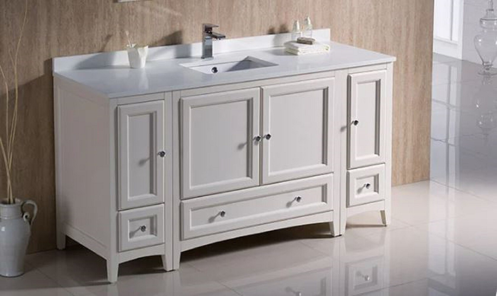Oxford 60" Antique White Quartz Stone Vanity with Ceramic Sink