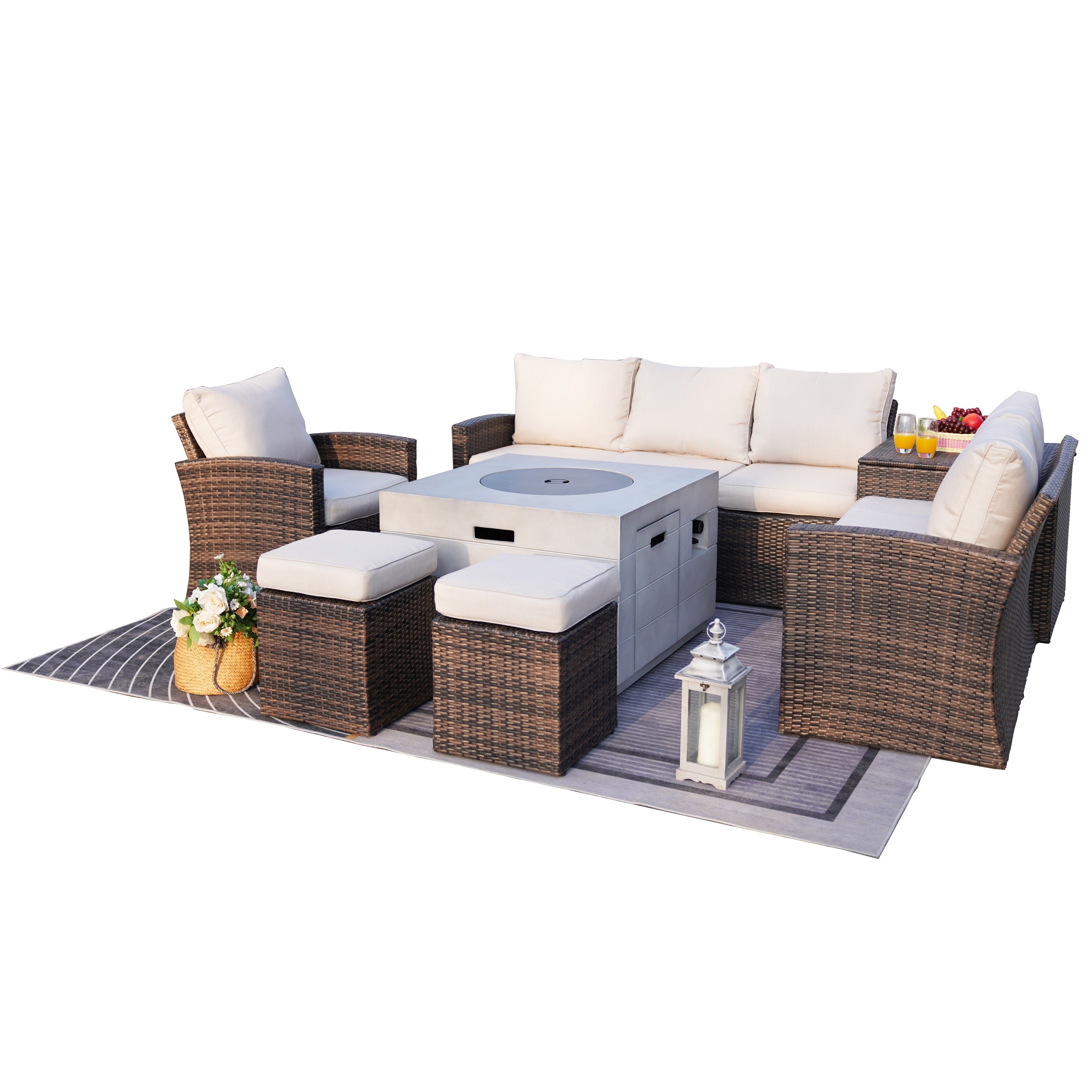 Moda Furnishings MAG-1403B-2140-B Cora 7-Piece Wicker Patio Conversation Set with Tan Cushions