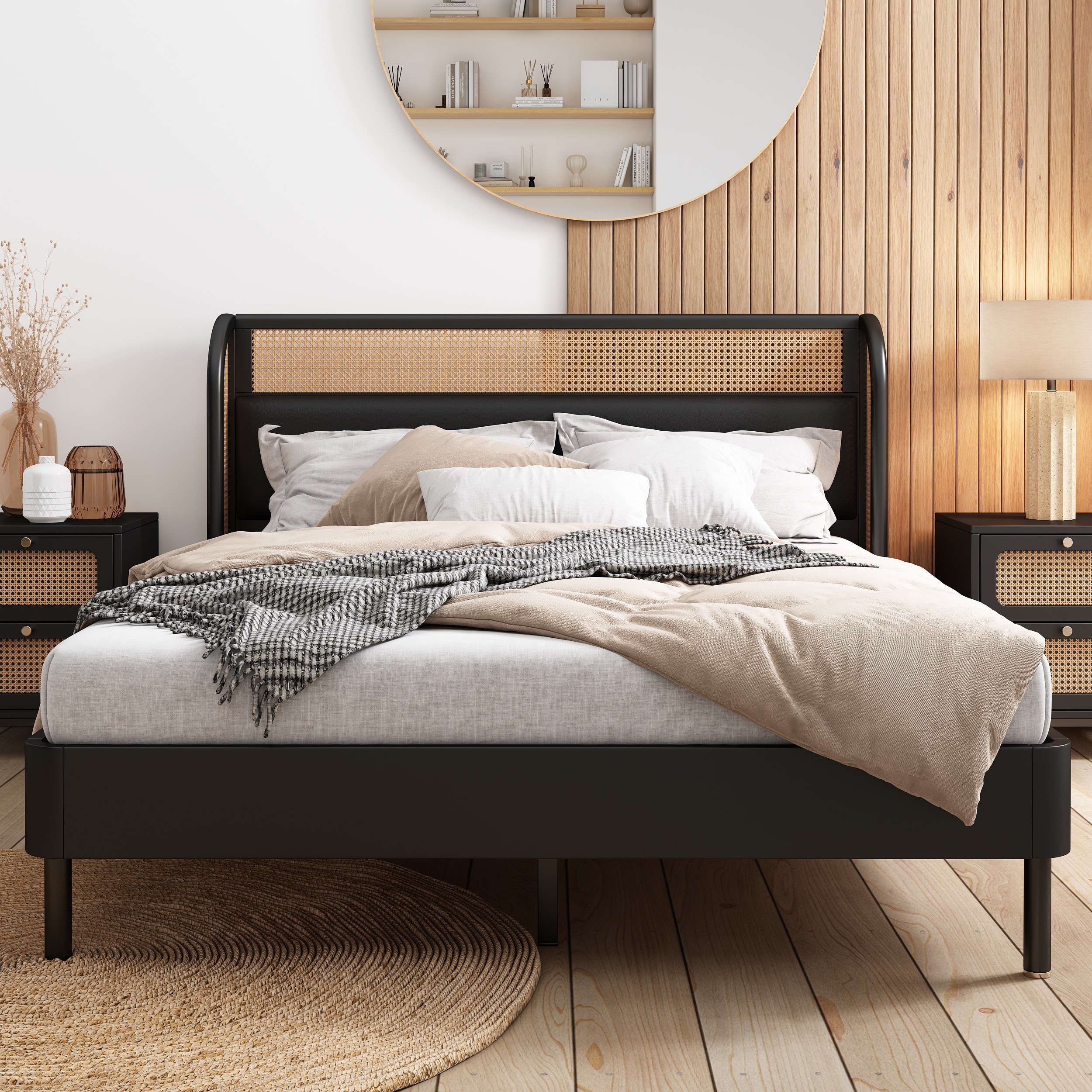 JIMSMAISON JMBBFB01B Black Queen Wood Platform Bed