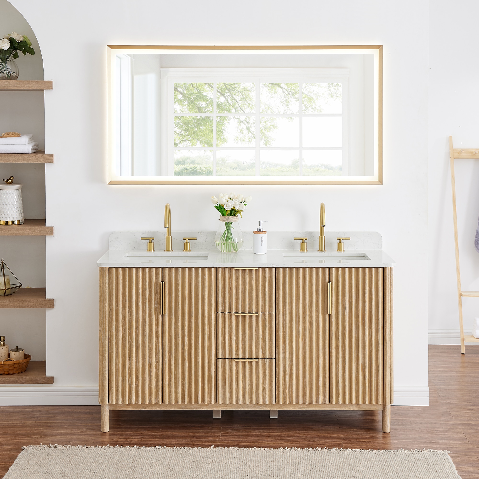 Altair 575060-WL-GW Sierra 60-in Washed Light Brown Undermount Double Sink Bathroom Vanity with Grain White Engineered Stone Top (Mirror Included)