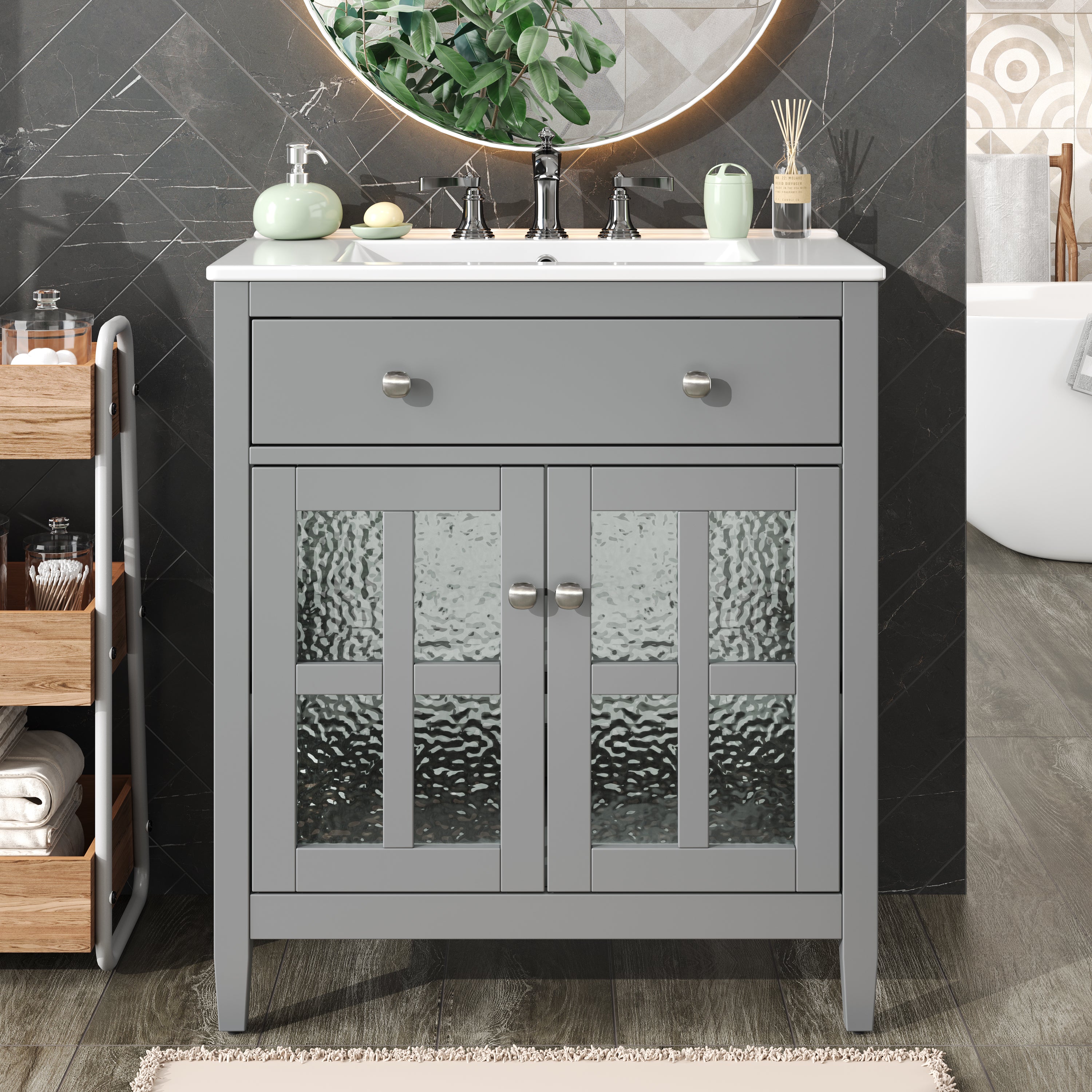 Boyel Living BL-NE-6250G 30 Inch Bathroom Vanity with Ceramic Sink Adjustable Shelf Tip Out Tray Solid Wood Legs Gray