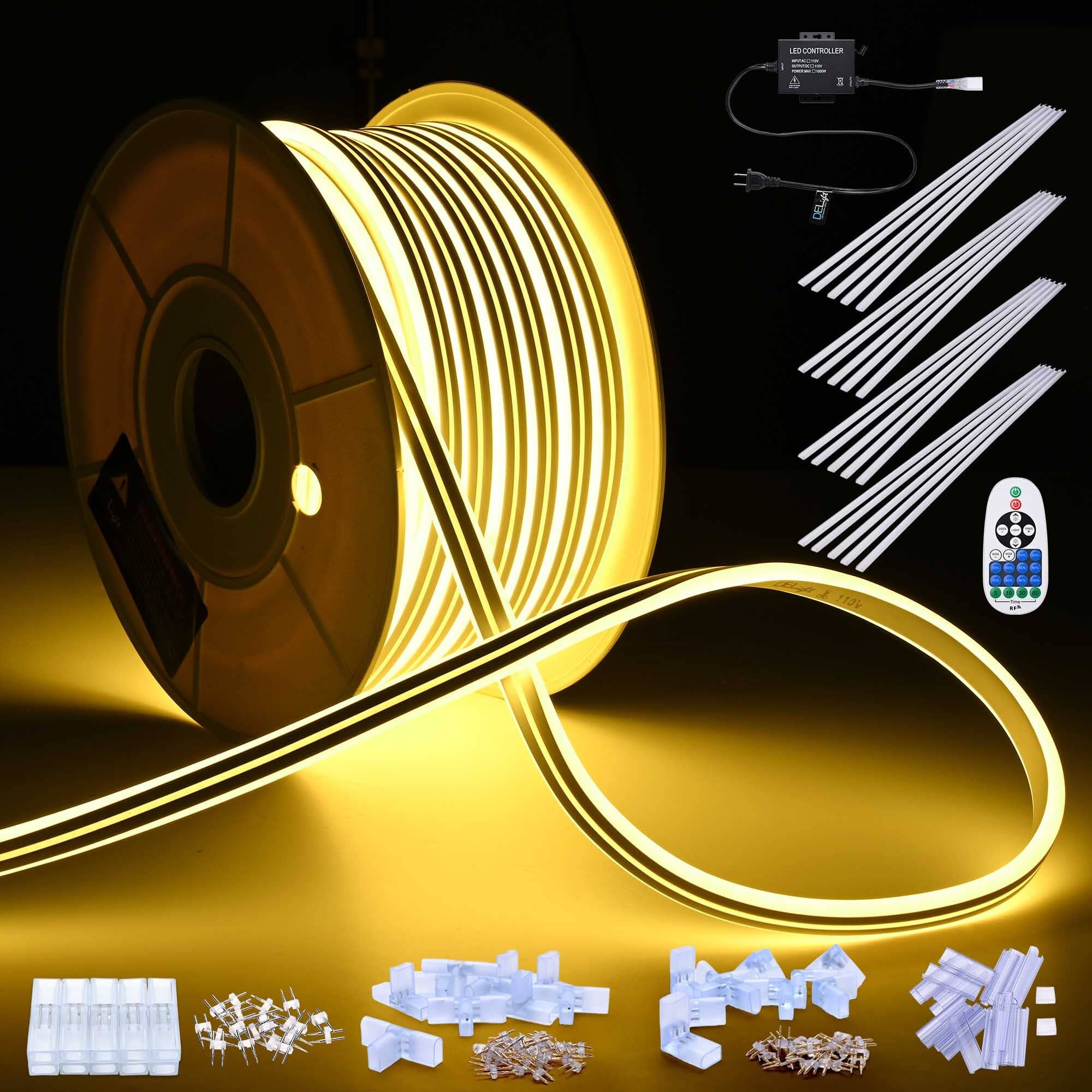 Yescom  AC 110-120V Outdoor Waterproof 100 Feet LED Neon Rope Light with Metal Controller U Channel Track Connector BiLume 2700K Sunset Glow Warm White