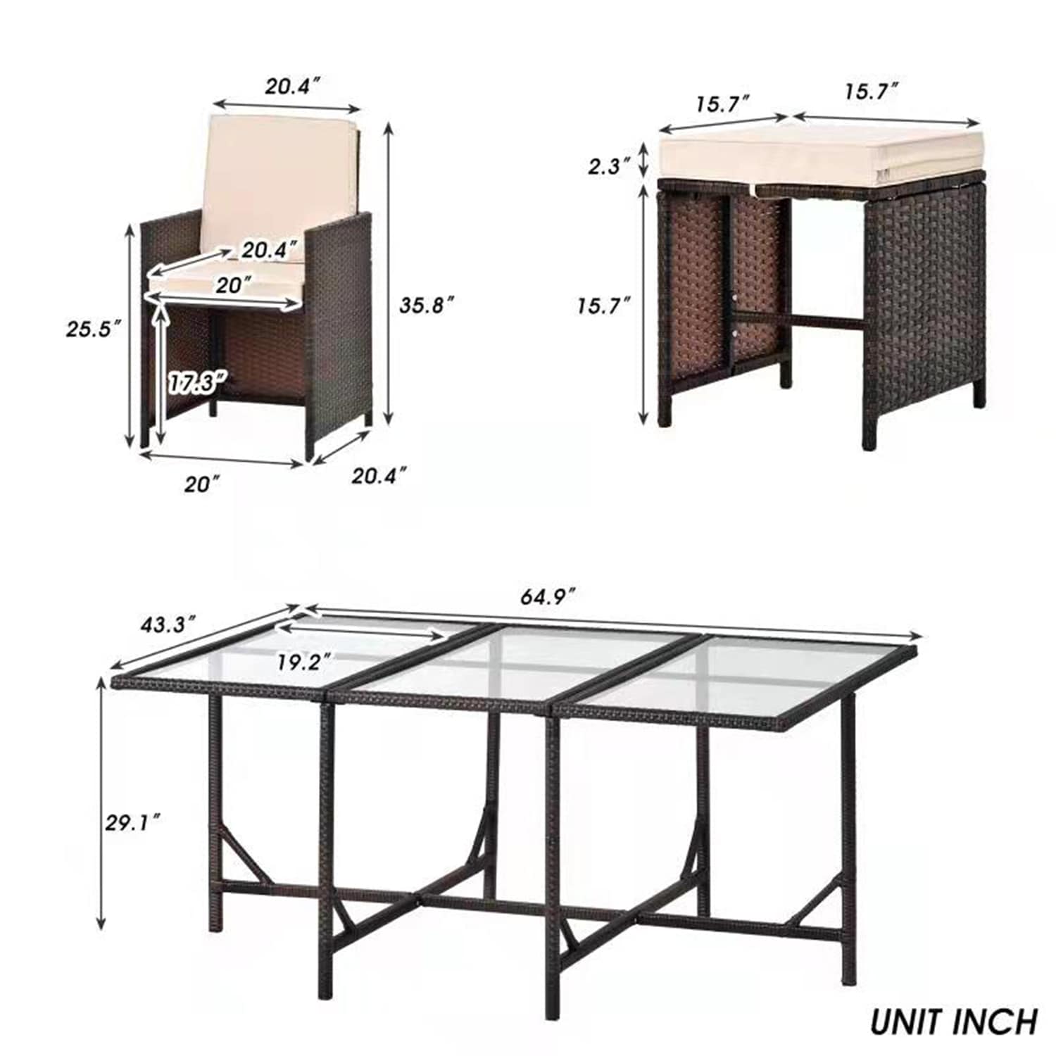 SINOFURN 11-Piece Brown Rattan Patio Dining Set Wicker Rectangle Table ...